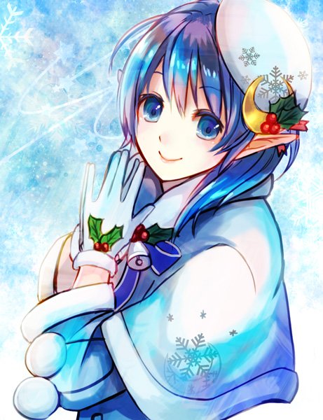 1girl blue_eyes blue_hair closed_mouth coat crescent crescent_hair_ornament gloves hair_ornament hat looking_at_viewer pointy_ears rena_lanford short_hair smile snowflakes solo souyou26 star_ocean star_ocean_anamnesis star_ocean_the_second_story winter_clothes winter_coat