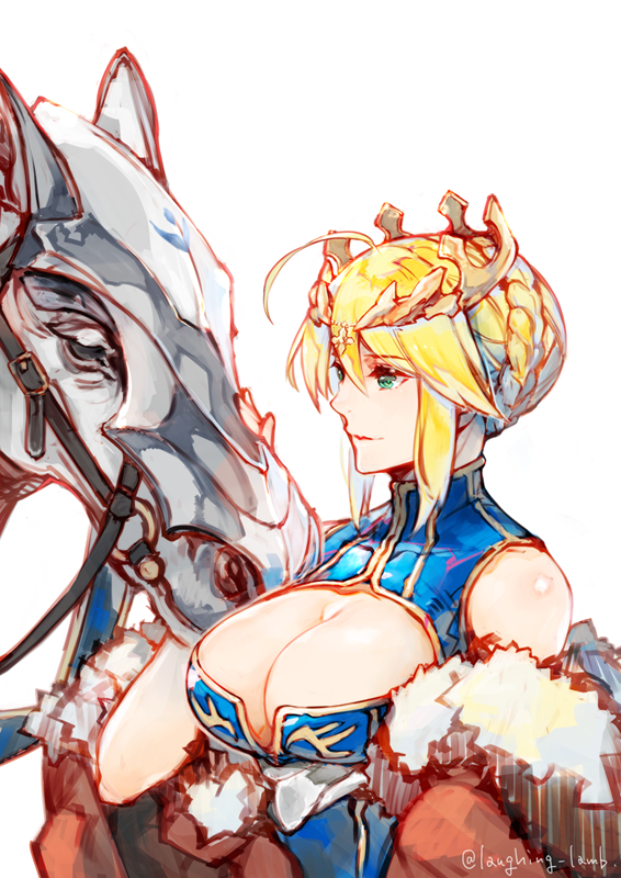 1girl ahoge arm_at_side armored_animal artoria_pendragon_(fate) artoria_pendragon_(lancer)_(fate) bare_shoulders blonde_hair blue_leotard braid braided_bun breasts cape cleavage cleavage_cutout closed_mouth clothing_cutout commentary crown dun_stallion_(fate) fate/grand_order fate_(series) fur-trimmed_cape fur_trim gold_trim green_eyes hair_between_eyes hair_bun hand_up horse itou_misei large_breasts leotard looking_at_animal petting red_cape simple_background sleeveless sleeveless_turtleneck_leotard smile solo turtleneck_leotard twitter_username upper_body white_background