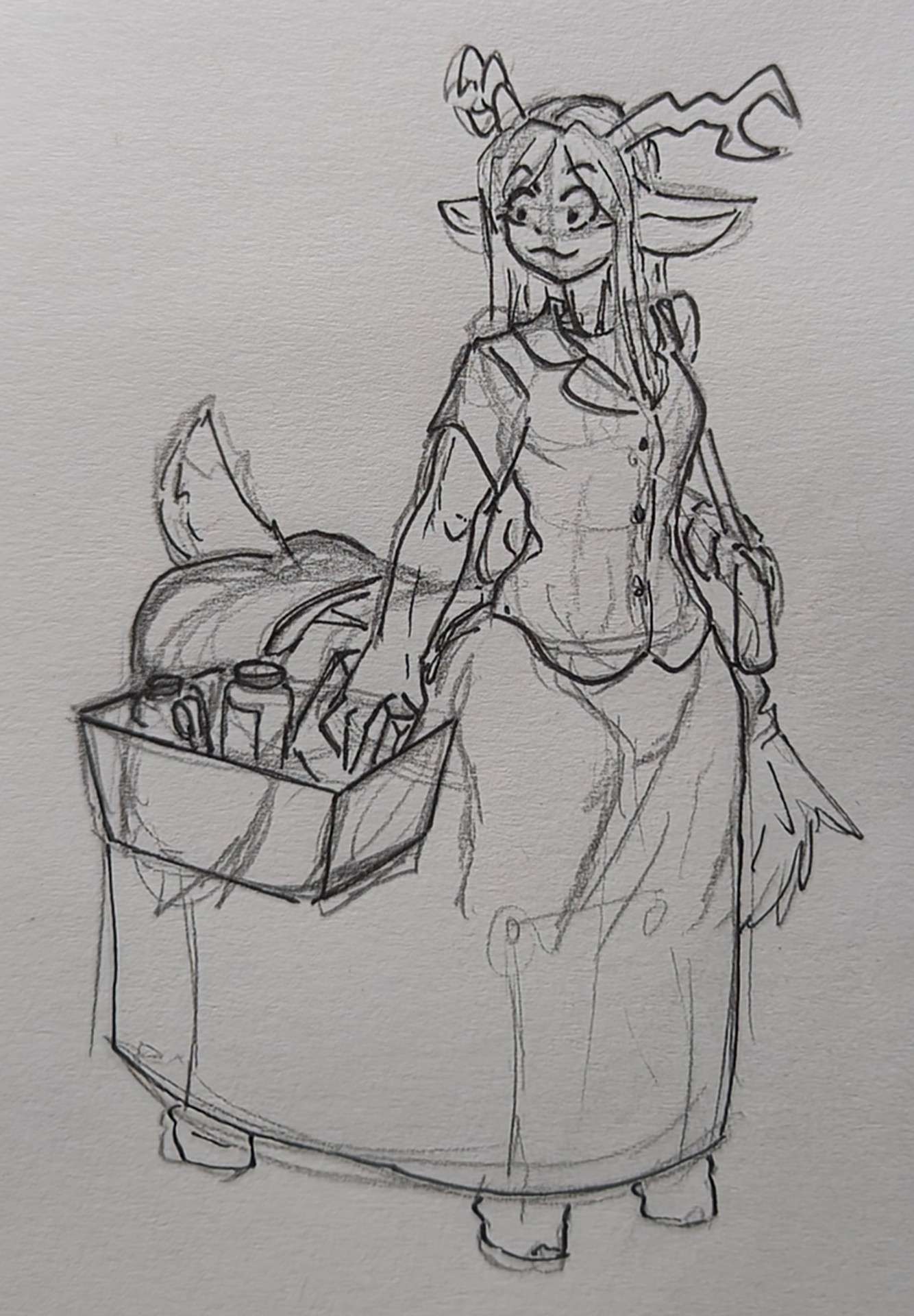 anthro antlers deer deer_taur female fur hair hi_res hooves horn mammal mammal_taur paraparo scut_tail short_tail sketch smile solo tail taur