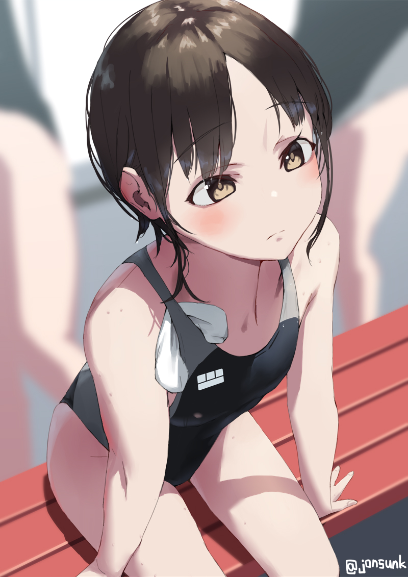 3girls black_hair black_one-piece_swimsuit blurry blurry_background blush breasts brown_eyes closed_mouth commentary_request competition_swimsuit jonsun misaki_(jonsun) multiple_girls one-piece_swimsuit original sitting small_breasts solo_focus swimsuit twitter_username wet wet_hair