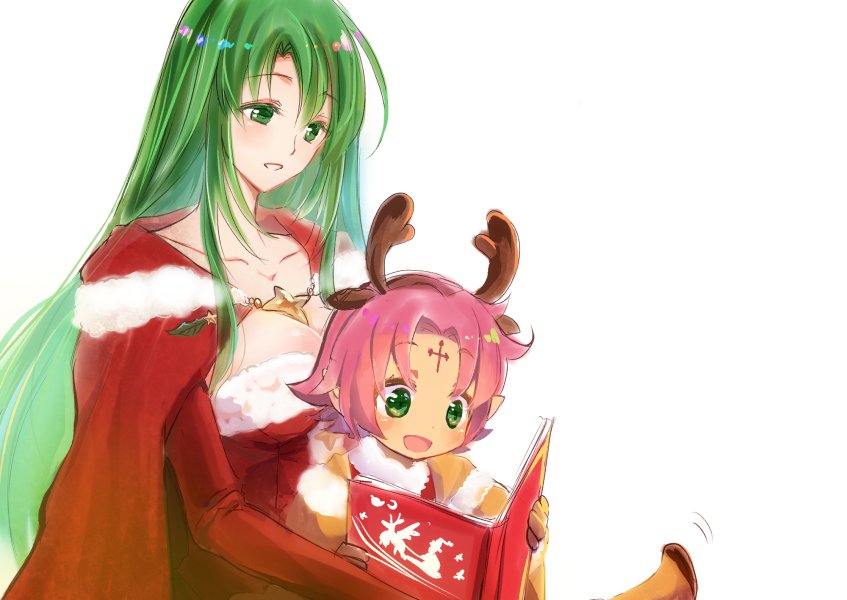 2girls antlers book breasts brown_gloves cape cecilia_(fire_emblem) cleavage elbow_gloves fa facial_mark fire_emblem fire_emblem:_fuuin_no_tsurugi fire_emblem_heroes forehead_mark fur_trim gloves green_eyes green_hair happy holding holding_book large_breasts long_hair mamkute multiple_girls nintendo oka_(umanihiki) open_book open_mouth parted_lips pointy_ears purple_hair reading red_gloves reindeer_antlers short_hair sidelocks simple_background sitting sitting_on_lap sitting_on_person smile white_background