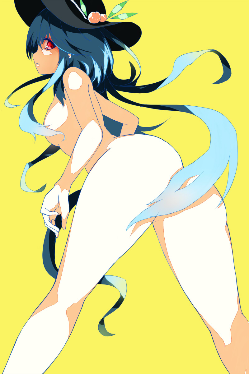 ass blue_hair breasts chiruru96 commentary_request convenient_censoring food fruit hat highres hinanawi_tenshi legs_apart long_hair looking_at_viewer looking_back medium_breasts nude parted_lips peach profile red_eyes simple_background solo standing touhou very_long_hair yellow_background