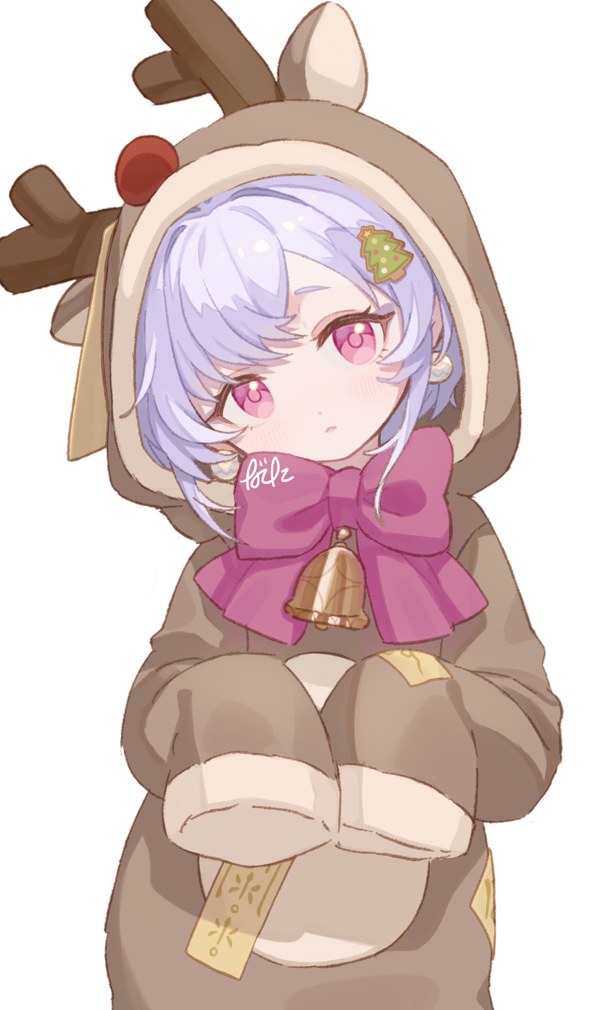 1girl 750x077 alternate_costume animal_costume animal_ears animal_hood antlers bell bow bowtie christmas_tree_hair_ornament closed_mouth deer_ears earrings fake_antlers genshin_impact hair_ornament hands_up head_tilt highres hood jewelry large_bow light_blush looking_at_viewer neck_bell ofuda ofuda_on_clothes ofuda_on_head purple_eyes purple_hair qiqi_(genshin_impact) red_bow red_bowtie red_nose reindeer_antlers reindeer_costume reindeer_hood signature sleeves_past_fingers sleeves_past_wrists solo stud_earrings white_background