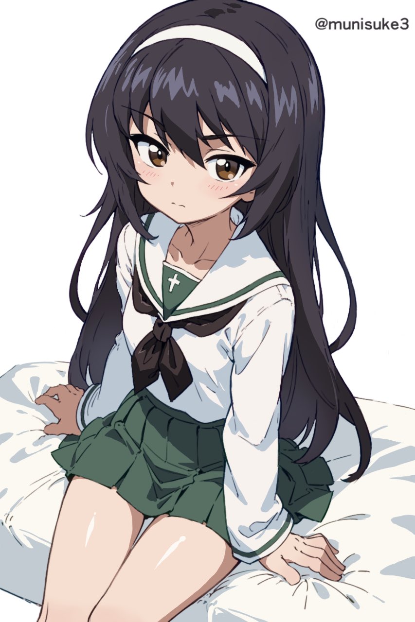 ai-generated black_hair black_neckerchief brown_eyes frown girls_und_panzer green_skirt hair_between_eyes hairband highres long_hair long_sleeves looking_at_viewer munisuke_(zrkt7883) neckerchief on_bed ooarai_school_uniform pleated_skirt reizei_mako sailor_collar school_uniform serafuku shirt simple_background sitting skirt twitter_username white_background white_hairband white_sailor_collar white_shirt