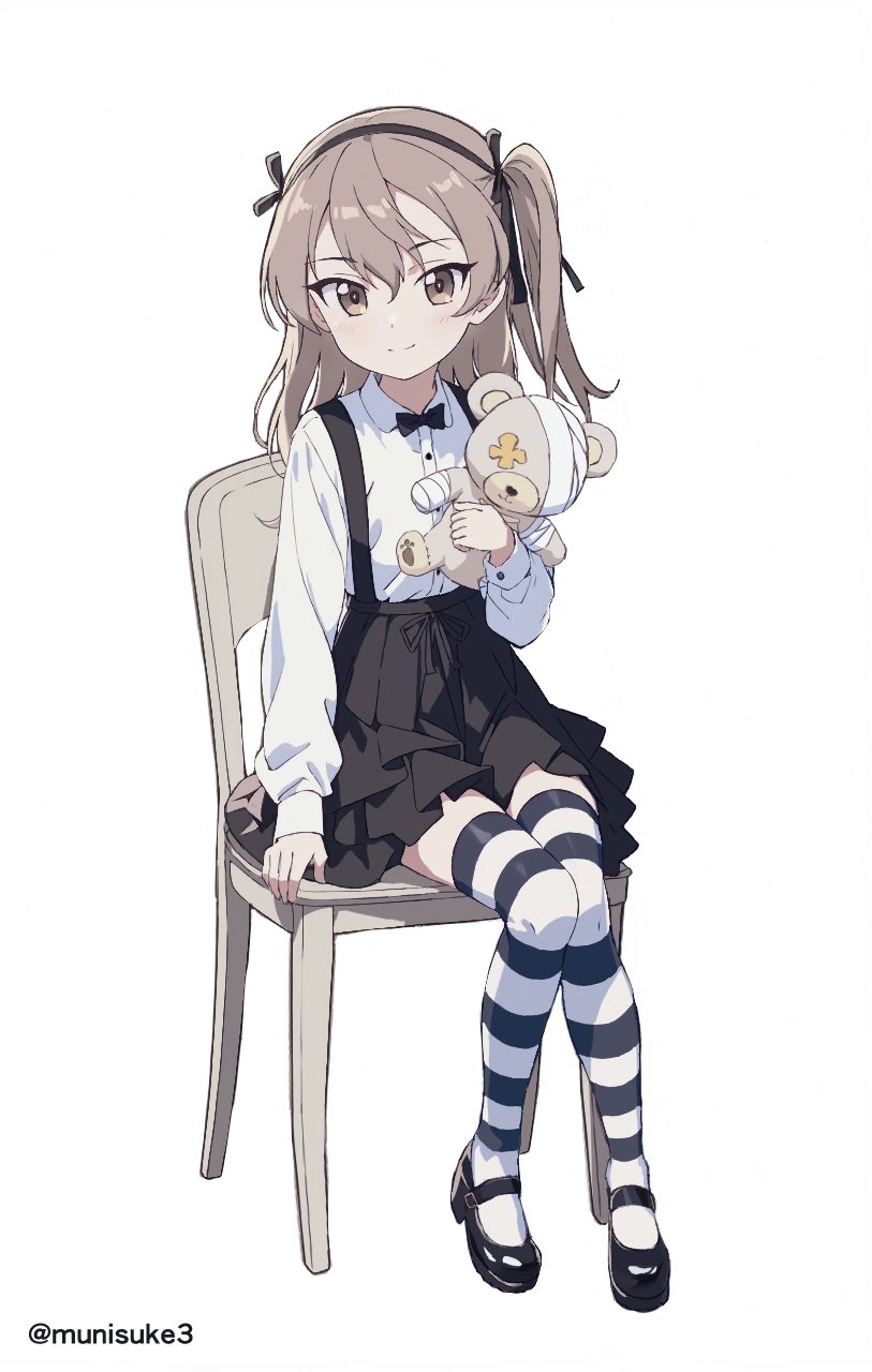 1girl ai-generated black_bow black_bowtie black_footwear black_ribbon black_skirt black_thighhighs boko_(girls_und_panzer) bow bowtie brown_eyes casual chair collared_shirt full_body girls_und_panzer hair_ribbon high-waist_skirt highres holding holding_stuffed_toy layered_skirt light_brown_hair long_hair long_sleeves looking_at_viewer mary_janes medium_skirt munisuke_(zrkt7883) on_chair one_side_up pleated_skirt ribbon shimada_arisu shirt shoes simple_background skirt smile striped striped_thighhighs stuffed_animal stuffed_toy suspender_skirt suspenders teddy_bear thighhighs twitter_username white_background white_shirt