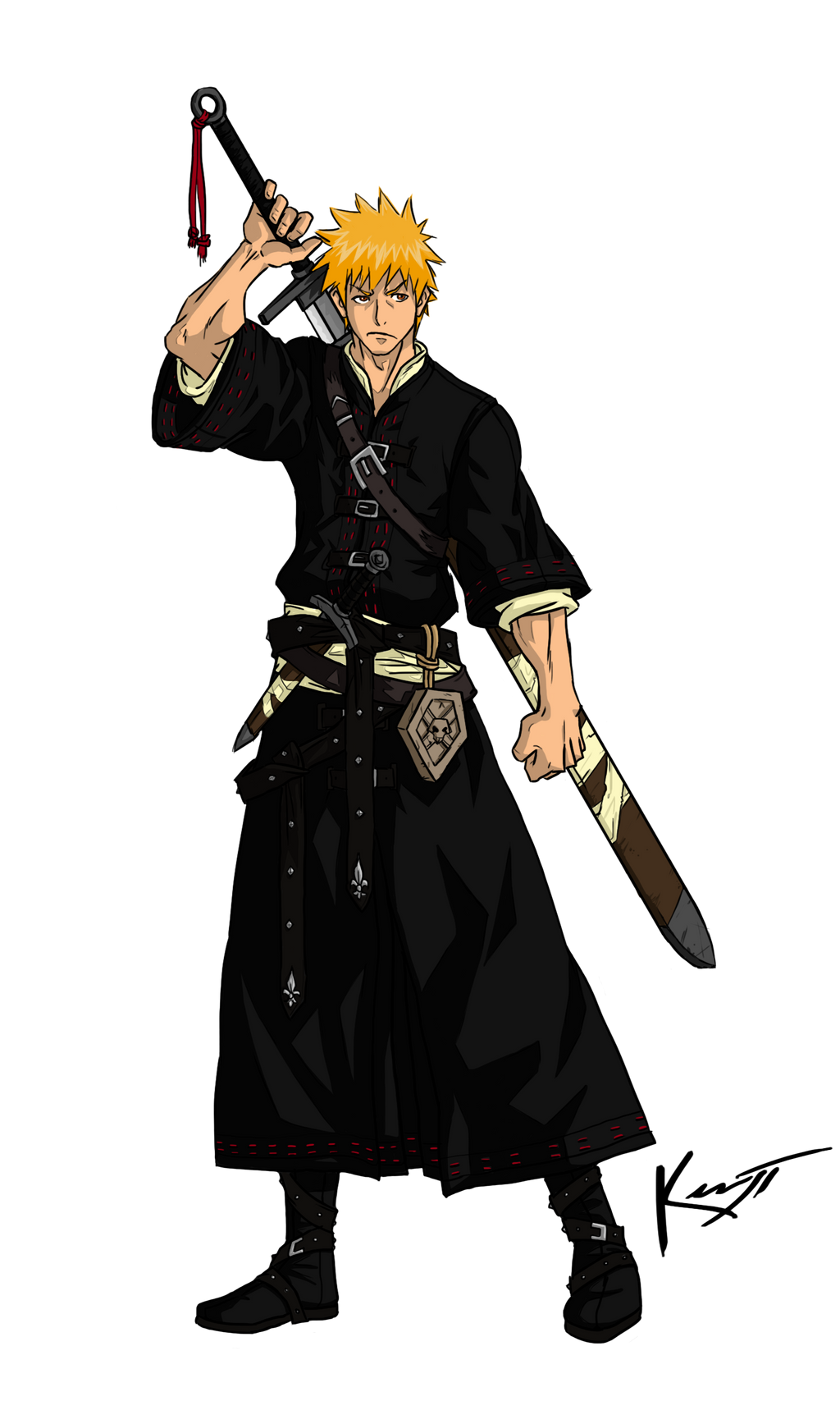 1boy alternate_costume artist_name belt black_coat black_footwear bleach boots brown_eyes buckle clenched_hand coat fleur-de-lis frown full_body guillem_dauden highres holding holding_sword holding_weapon knife kurosaki_ichigo layered_sleeves looking_to_the_side male_focus medieval multiple_belts orange_hair overcoat sheath shinigami shirt solo sword two-handed_sword unsheathing weapon weapon_on_back white_background white_shirt