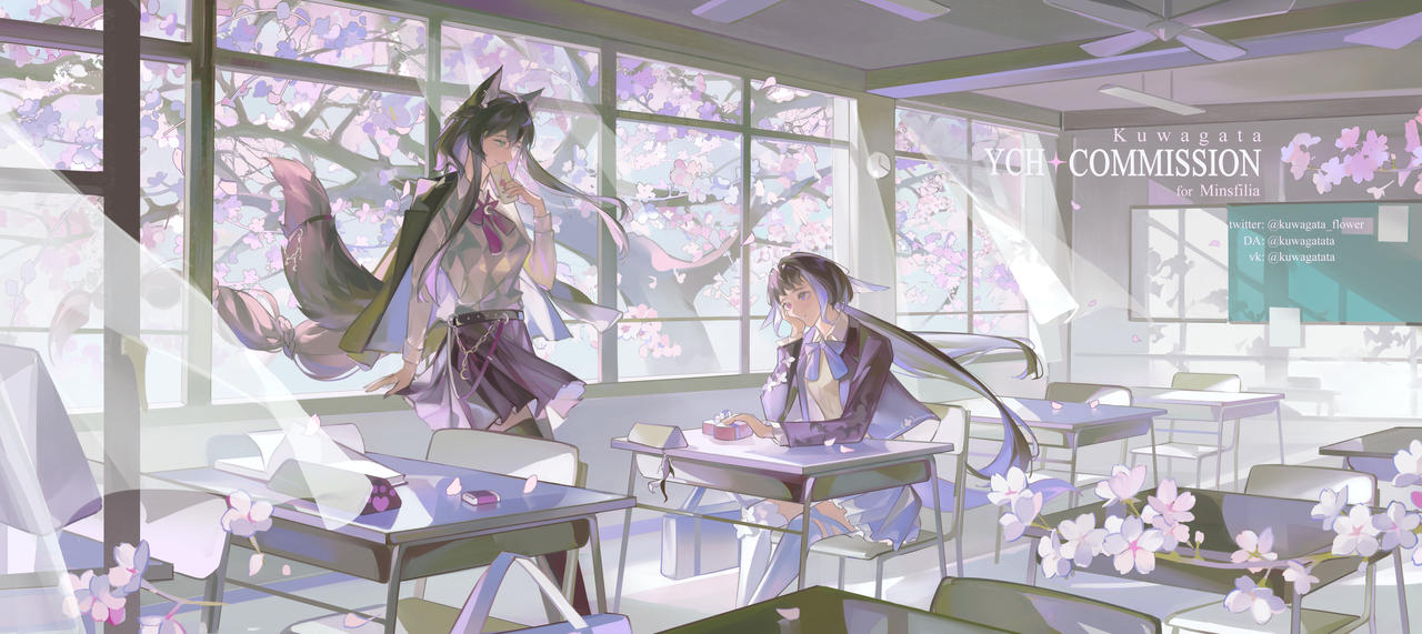 2girls animal_ear_request animal_ears artist_name belt black_belt black_jacket black_thighhighs bow bowtie box brown_hair ceiling_fan chain chair chalkboard classroom coattails collared_shirt commentary commission commissioner_name curtains day desk deviantart_username english_commentary english_text envelope feet_out_of_frame flower frilled_skirt frills heart-shaped_box holding holding_box holding_envelope indoors jacket jacket_on_shoulders kuwagatata long_hair looking_at_another love_letter low-tied_long_hair low_twintails miniskirt multicolored_hair multiple_girls open_clothes open_jacket original pink_bow pink_bowtie pleated_skirt plum_blossoms purple_bow purple_bowtie purple_flower purple_hair purple_jacket purple_skirt school_desk school_uniform shirt sitting skirt spring_(season) streaked_hair studded_belt tail thighhighs tree twintails twitter_username very_long_hair white_shirt white_thighhighs window wolf_ears wolf_tail yuri