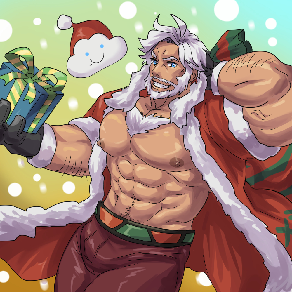 1boy abs arm_hair bara bare_pectorals beard blue_eyes bulge christmas coat cookie_run dark-skinned_male dark_skin eggnog_cookie facial_hair full_beard fur-trimmed_coat fur_trim gift holding holding_gift humanization large_hands large_pectorals looking_at_viewer male_focus mature_male muscular muscular_male navel navel_hair nipples obliques open_clothes pectorals red_headwear santa_costume seductive_smile short_hair smile solo stomach strongman_waist thick_arms thick_beard thick_chest_hair thick_eyebrows thick_thighs thighs weedwolfeatmeat white_hair