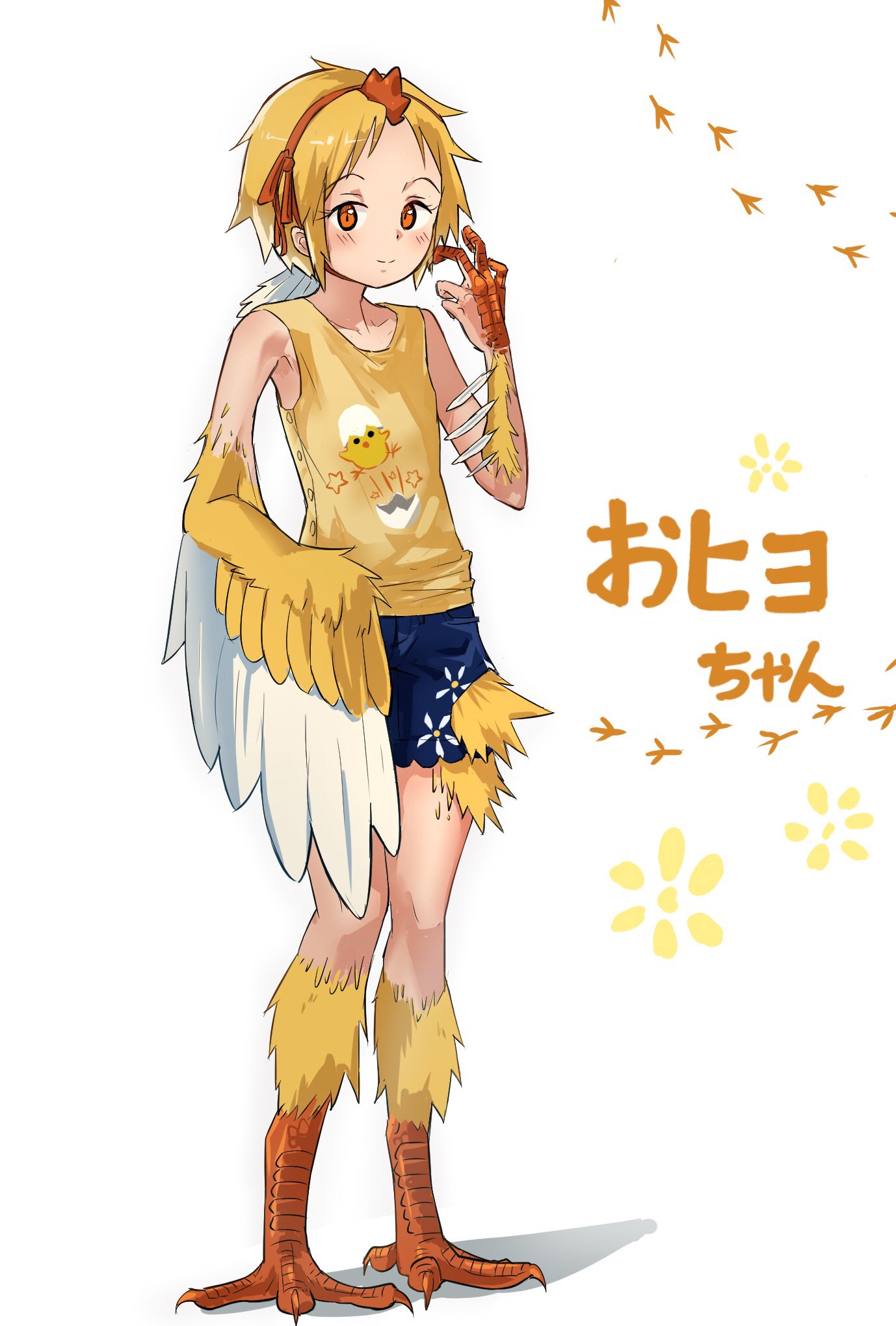 1girl blonde_hair blue_shorts blush claws closed_mouth commentary_request feathered_wings full_body hairband hands_up harpy highres kamemaru looking_at_viewer monster_girl original plume red_eyes shirt short_hair short_shorts shorts simple_background sleeveless sleeveless_shirt smile solo white_background wings yellow_shirt
