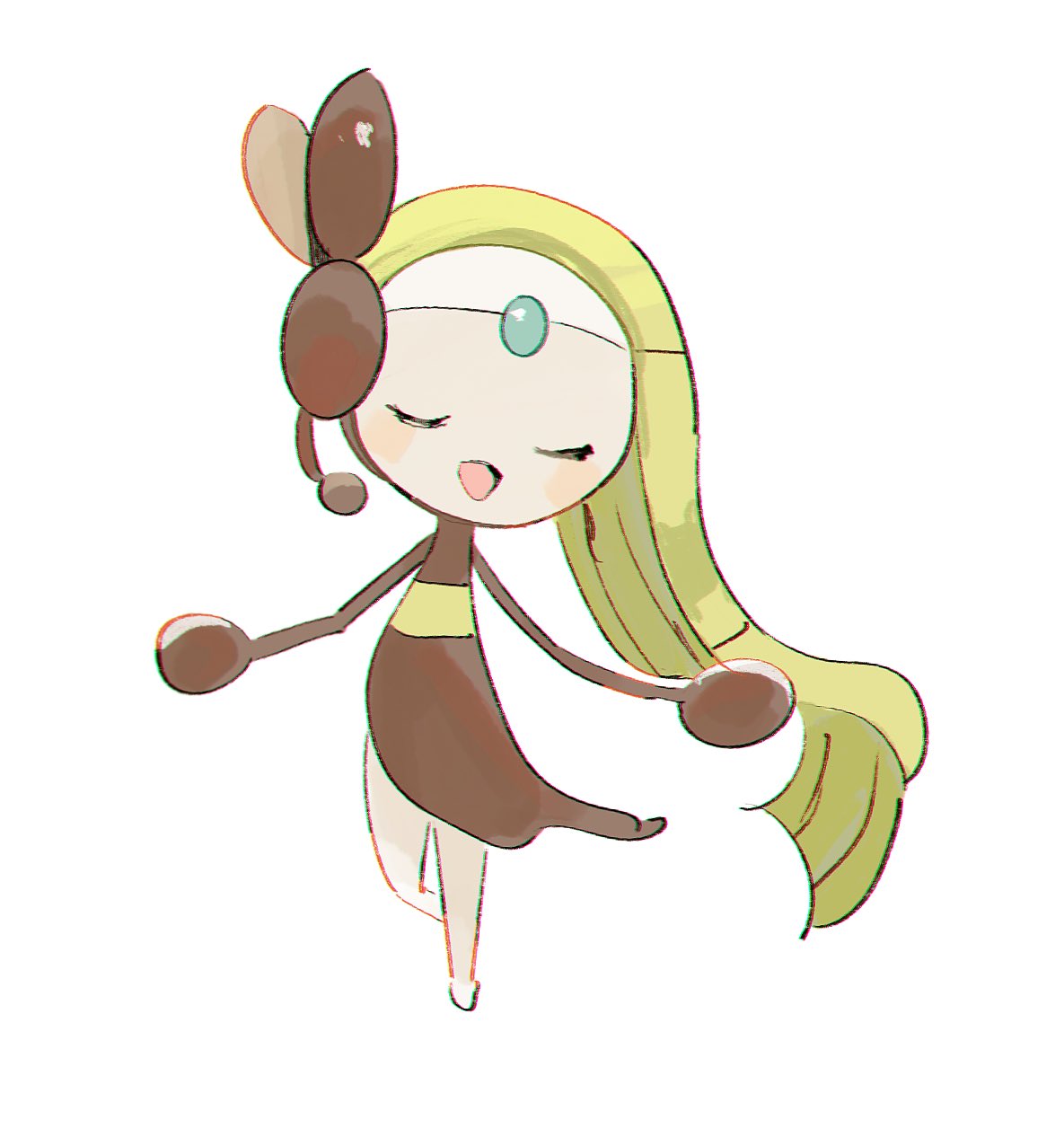 animal_focus closed_eyes commentary forehead_jewel full_body green_hair highres long_hair meloetta meloetta_(aria) music n29670007 no_humans open_mouth pokemon pokemon_(creature) simple_background singing solo symbol-only_commentary white_background