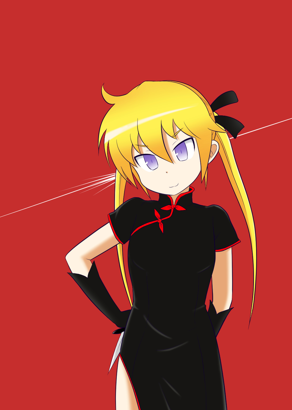 1girl arm_behind_back black_dress black_gloves black_ribbon blonde_hair china_dress chinese_clothes dot_nose dress elbow_gloves gloves hair_ribbon hand_on_own_hip highres kill_me_baby long_hair looking_at_viewer morinaka_hajime purple_eyes ribbon side_slit smile solo sonya_(kill_me_baby) standing twintails v-shaped_eyebrows