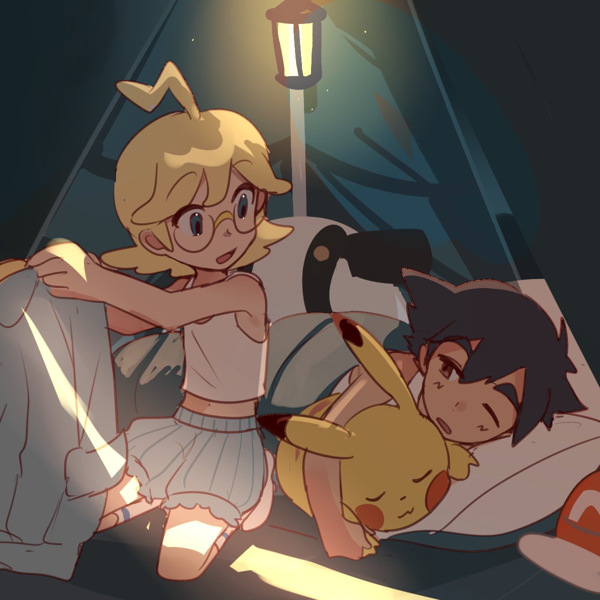 2boys aqua_eyes ash_ketchum black_hair blonde_hair brown_eyes clemont_(pokemon) commentary_request glasses hat highres holding holding_clothes indoors lantern lying male_focus multiple_boys one_eye_closed open_mouth pikachu pokemon pokemon_(anime) pokemon_xy_(anime) shirt short_hair shorts sleeping_bag smile socks suikaels tank_top unworn_hat unworn_headwear white_shirt white_socks