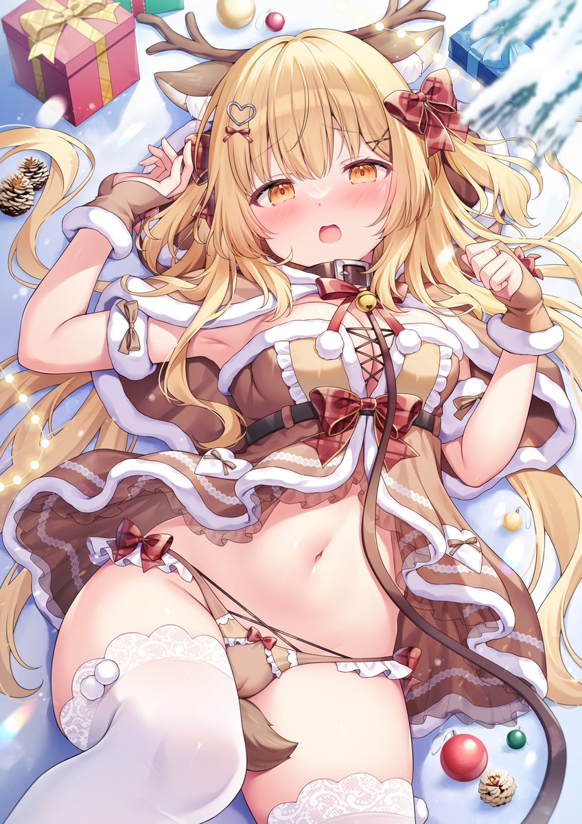 1girl :o animal_collar animal_ears antlers babydoll between_legs blonde_hair blush bow breasts capelet cleavage collar cross-laced_clothes deer_ears deer_tail fur-trimmed_capelet fur-trimmed_gloves fur_trim gift gloves hair_bow lace-trimmed_thighhighs long_hair looking_at_viewer lying medium_breasts on_back original pom_pom_(clothes) reindeer_antlers reindeer_girl shiono_(0303) snow solo tail tail_between_legs thighs winter yellow_eyes