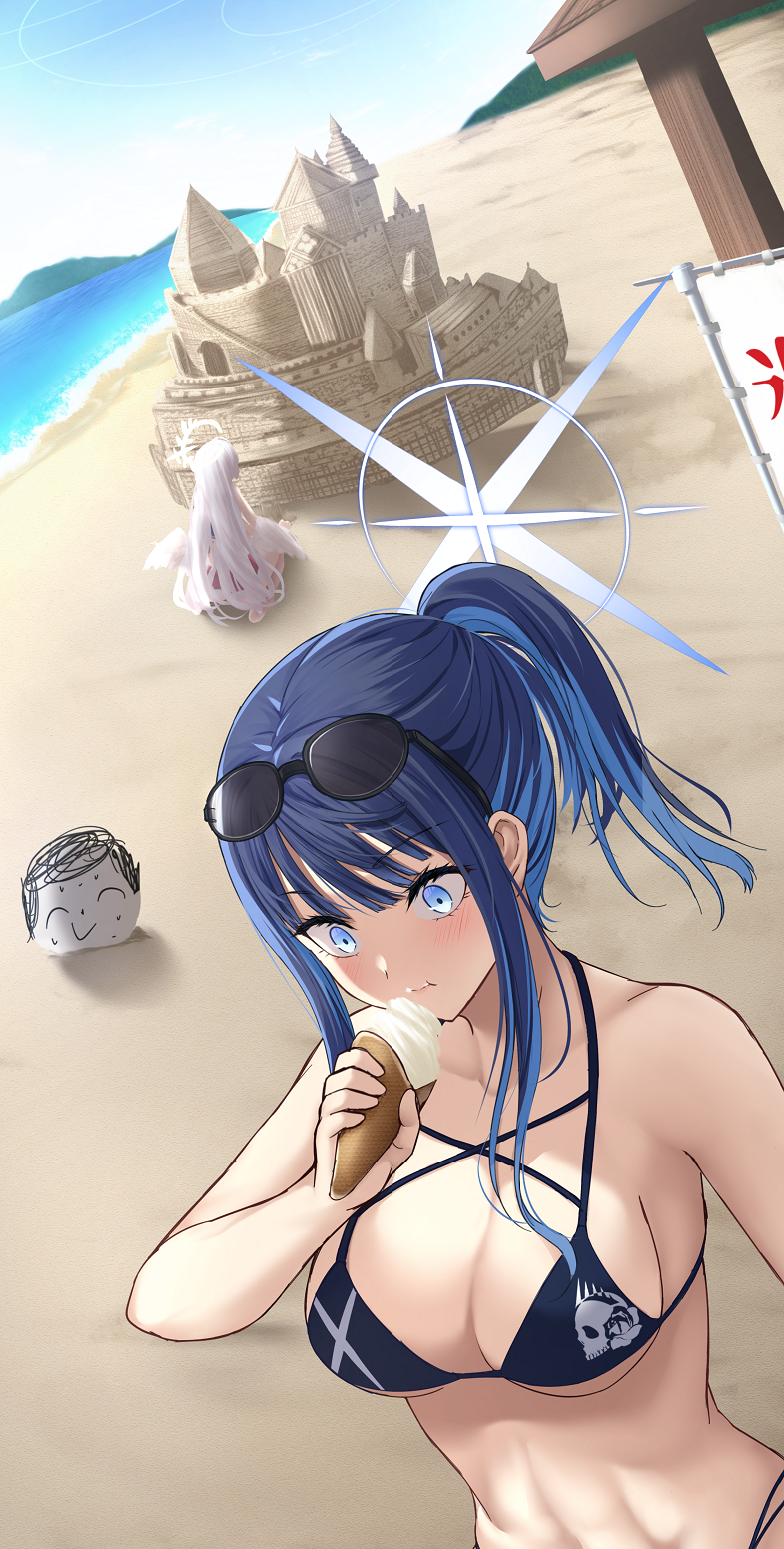 1boy 2girls angel_wings beach bikini black_bikini blue_archive blue_eyes blue_hair blue_halo blush breasts cleavage closed_mouth collarbone content_rating day doodle_sensei_(blue_archive) eating eyewear_on_head feathered_wings food halo highres holding holding_food ice_cream long_hair medium_breasts merxkialis mika_(blue_archive) multiple_girls ocean outdoors pink_hair ponytail sand_castle sand_sculpture saori_(blue_archive) sensei_(blue_archive) sunglasses swimsuit white_wings wings