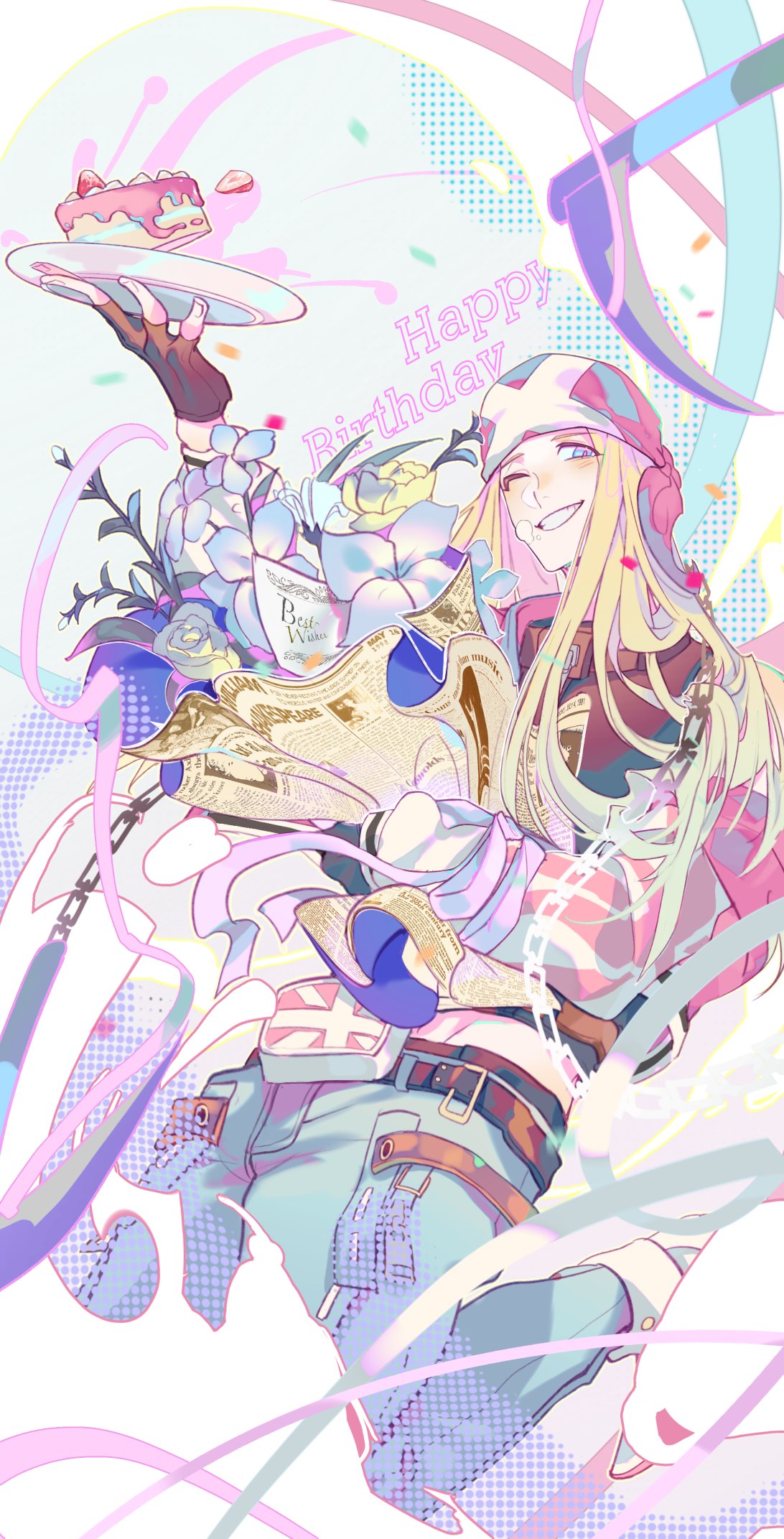 1boy axl_low bandana birthday_cake blonde_hair blue_eyes blue_pants bouquet brown_gloves cake cake_slice doggie_eki fingerless_gloves flower food fruit gloves guilty_gear guilty_gear_strive happy_birthday highres holding holding_bouquet holding_plate jacket kama_(weapon) kusarigama long_hair long_sleeves looking_at_viewer male_focus one_eye_closed pants plaid plaid_jacket plate red_jacket rose sickle smile strawberry union_jack weapon white_flower white_rose