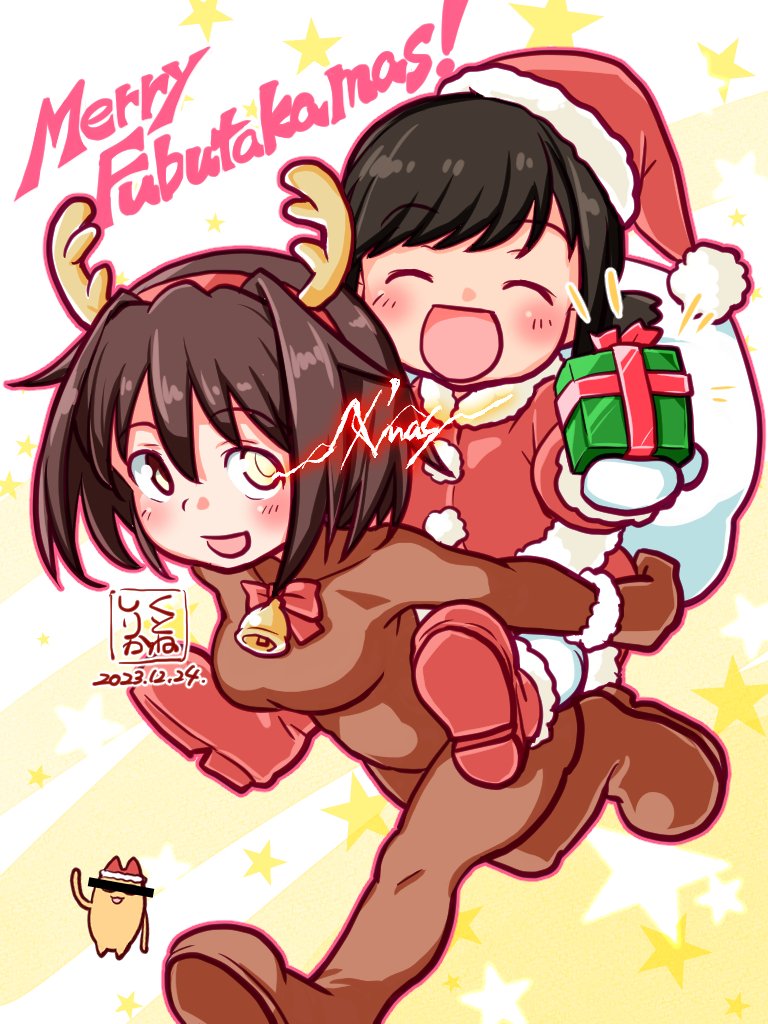 2girls animal_costume artist_logo azumanga_daioh black_hair box brown_hair carrying censored closed_eyes cosplay crossover dated facing_viewer fubuki_(kancolle) full_body fur-trimmed_headwear fur_trim furutaka_(kancolle) gift gift_box gloves glowing glowing_eye gradient_background hat heterochromia identity_censor kantai_collection kutone_shirika low_ponytail medium_hair merry_christmas mihama_chiyo's_father multiple_girls ponytail red_footwear red_headwear reindeer_costume riding santa_costume santa_hat short_hair short_ponytail sidelocks smile starry_background white_gloves yellow_background yellow_eyes