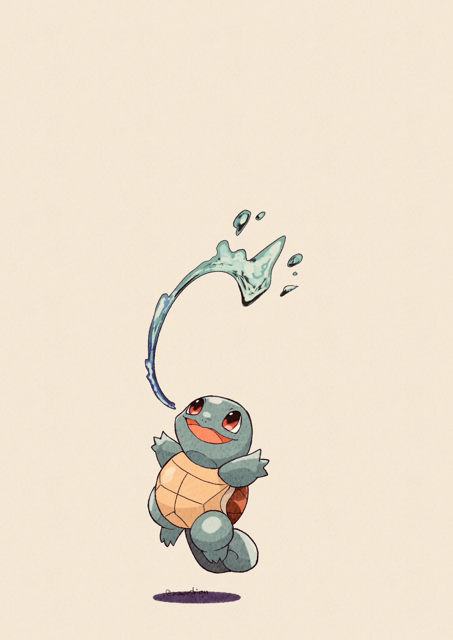 animal_focus artist_name blue_skin colored_skin commentary_request highres no_humans open_mouth pokemon pokemon_(creature) red_eyes shell simple_background smile squirtle tail twitter_username water white_background zozozoshion