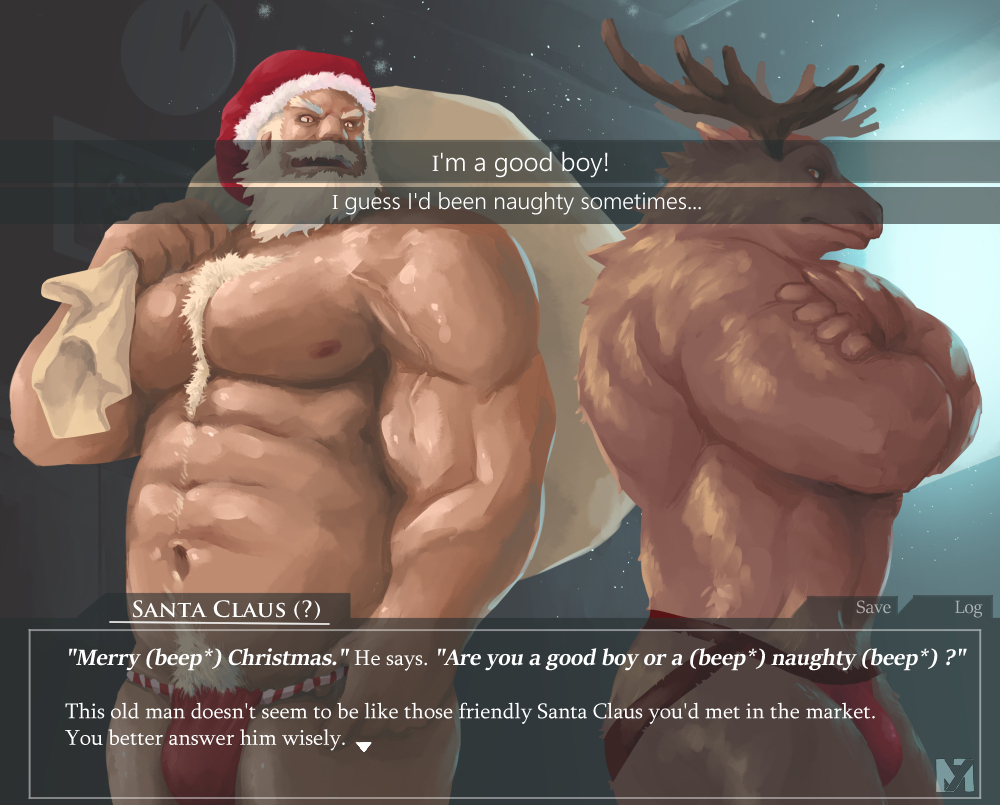 2boys abs bara beard belly briefs bulge chest_hair christmas crossed_arms dialogue_box dialogue_options english_text facial_hair feet_out_of_frame full_beard furry furry_male hat jockstrap large_pectorals m7_(m7ishere) male_focus male_pubic_hair male_underwear mature_male multiple_boys muscular muscular_male navel nipples original pectorals plump pubic_hair red_headwear red_male_underwear reindeer_boy santa_claus santa_costume santa_hat short_hair standing stomach strongman_waist subtitled thick_beard thick_eyebrows thick_mustache thick_thighs thighs topless_male underwear