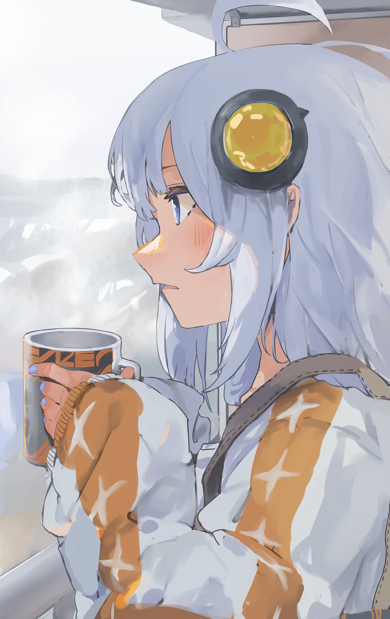 1girl a.i._voice ahoge balcony blue_eyes blue_nails cup from_side grey_hair hair_ornament handrail highres holding holding_cup kizuna_akari kizuna_akari_(a.i._voice) long_hair mug orange_shirt overcast parted_lips pocche-ex profile shirt sky solo star_(symbol) star_print striped striped_shirt suspenders upper_body variant_set vertical-striped_shirt vertical_stripes voiceroid white_shirt