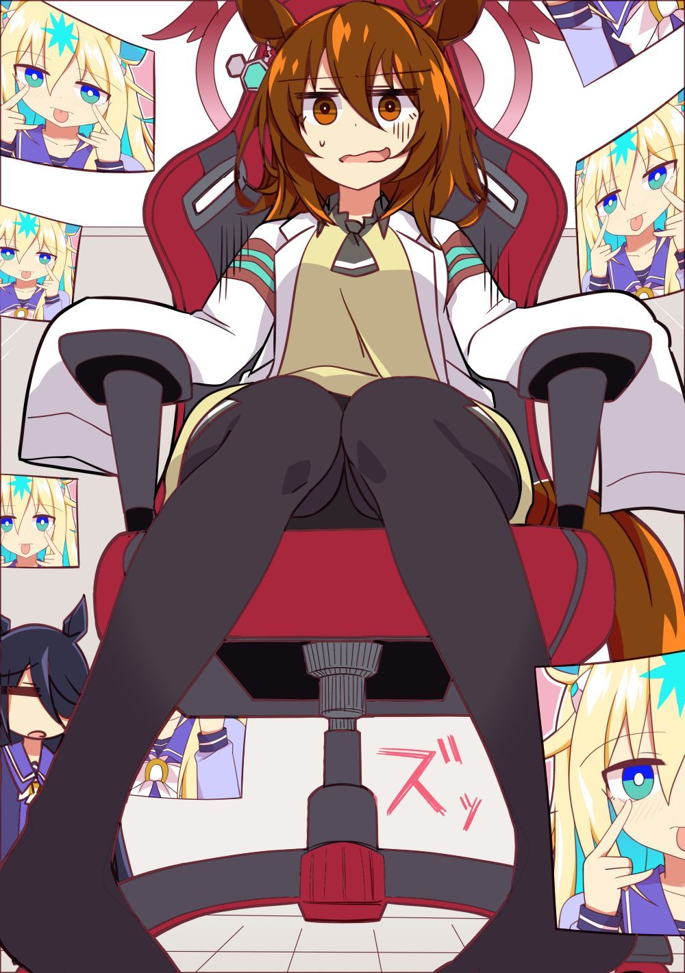 3girls agnes_tachyon_(umamusume) animal_ears black_hair black_pantyhose blonde_hair blue_eyes blue_hair brown_eyes brown_hair chair coat colored_inner_hair embarrassed gaming_chair gradient_hair highres horse_ears horse_girl manhattan_cafe_(umamusume) multicolored_hair multiple_girls neo_universe_(umamusume) no_shoes open_clothes open_coat open_mouth pantyhose shirt sitting sleeves_past_fingers sleeves_past_wrists streaked_hair swivel_chair tongue tongue_out umamusume wahiko_(black_bastard) wavy_mouth white_coat yellow_shirt
