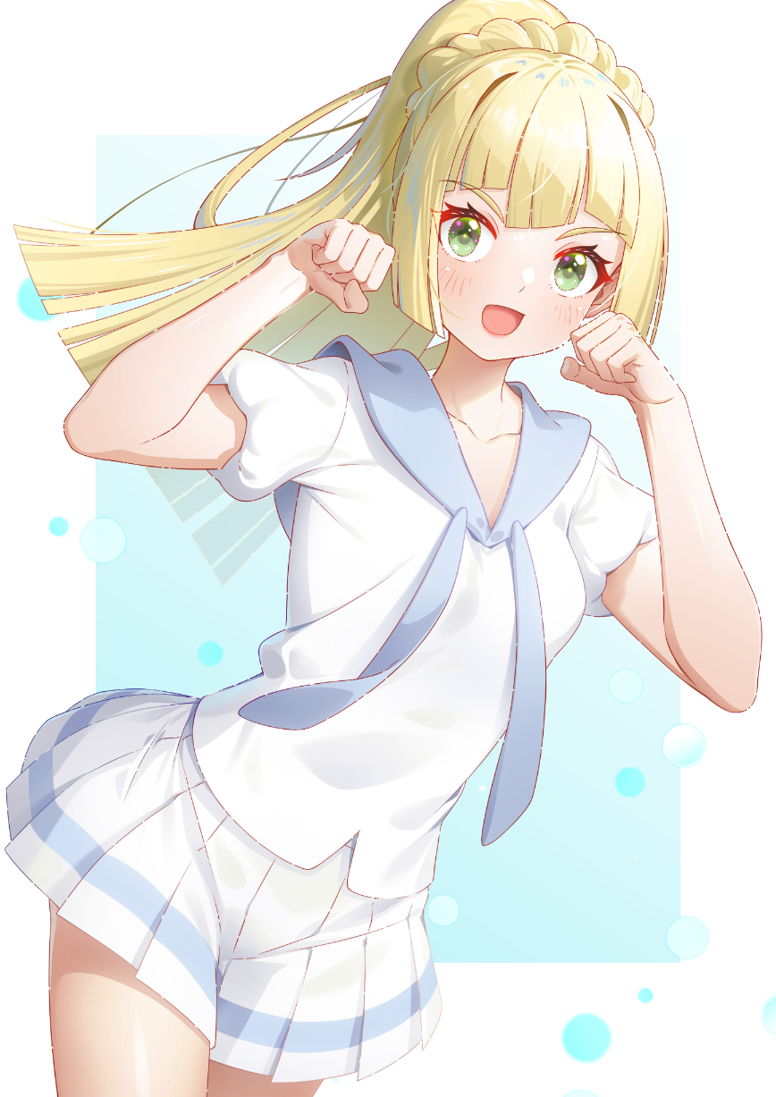 1girl :d blonde_hair blush braid clenched_hands collarbone commentary_request cowboy_shot eyelashes gasai_azusa green_eyes hands_up highres lillie_(pokemon) long_hair open_mouth pleated_skirt pokemon pokemon_sm ponytail shirt short_sleeves skirt smile solo t-shirt white_shirt white_skirt
