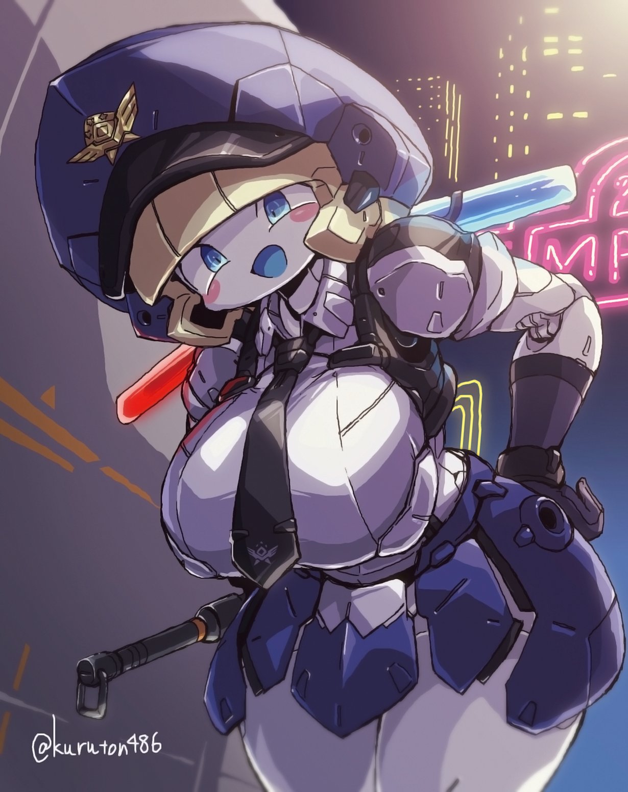 2023 android artist_name bangs big_breasts blonde_hair blue_eyes blue_light blue_tongue blunt_bangs blush blush_stickers bottomwear breasts city_lights clothing female hair hand_on_hip hi_res humanoid japanese_description kuruton486 leaning leaning_forward machine miniskirt necktie neon_lights night open_mouth police police_baton police_hat police_lights police_officer police_uniform portrait pseudo_hair red_light robot shaded skirt solo three-quarter_portrait tongue uniform unknown_character