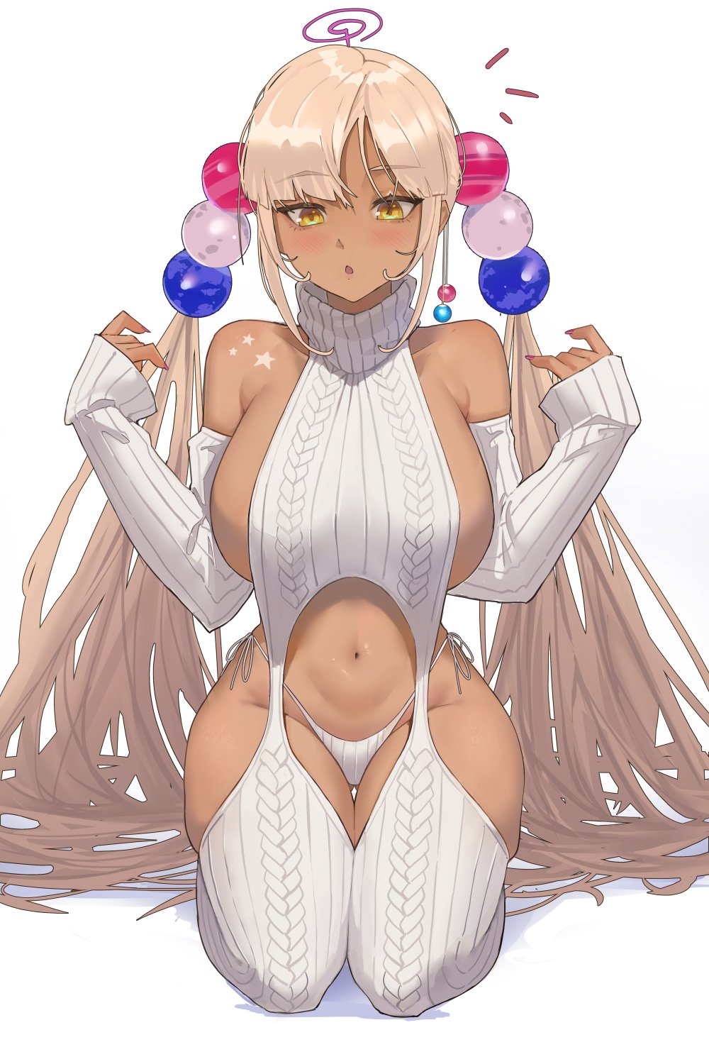 1girl alternate_costume archinoer bare_shoulders blonde_hair blush breasts dark-skinned_female dark_skin garter_straps hair_ornament highres hololive hololive_english large_breasts long_hair meme_attire navel panties planet_hair_ornament ribbed_panties ribbed_sleeves ribbed_thighhighs solo sweater thighhighs tsukumo_sana turtleneck twintails underwear very_long_hair virgin_destroyer_sweater virtual_youtuber white_background white_garter_straps white_panties white_sweater yellow_eyes