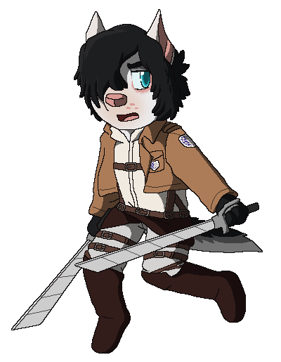 2015 aliasing alpha_channel anthro attack_on_titan beauceron black_hair blue_eyes bluekyokitty boots border_collie bottomwear brown_boots brown_clothing brown_footwear brown_jacket brown_topwear canid canine canis cel_shading chibi clothing collie cosplay cropped_jacket digital_drawing_(artwork) digital_media_(artwork) domestic_dog dual_wielding eyebrows footwear full-length_portrait fur grey_bottomwear grey_clothing grey_pants hair hair_over_eye herding_dog holding_object holding_sword holding_weapon jacket male mammal melee_weapon mixed_breed narrowed_eyes omni-directional_mobility_gear one_eye_obstructed open_mouth pants pastoral_dog pink_inner_ear pink_nose pink_tongue portrait prick_ears sebdoggo shaded sheepdog shirt simple_background solo sword tongue topwear transparent_background weapon white_body white_clothing white_fur white_shirt white_topwear