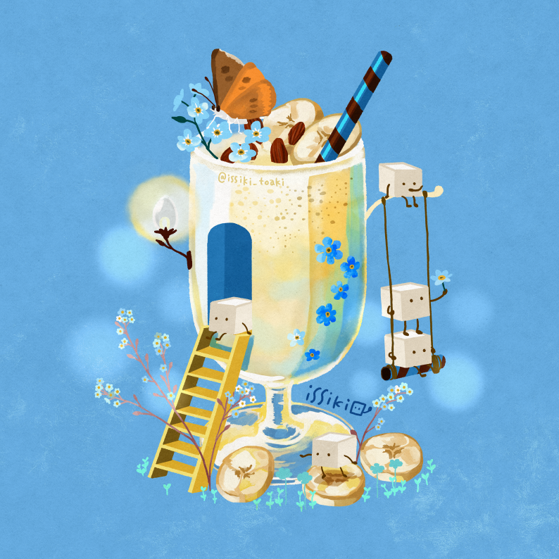 ._. almond artist_name banana banana_slice blue_background blue_flower bug butterfly commentary_request cup drink drinking_glass drinking_straw flower food food_focus fruit garnish issiki_toaki ladder no_humans original string sugar_cube swing twitter_username