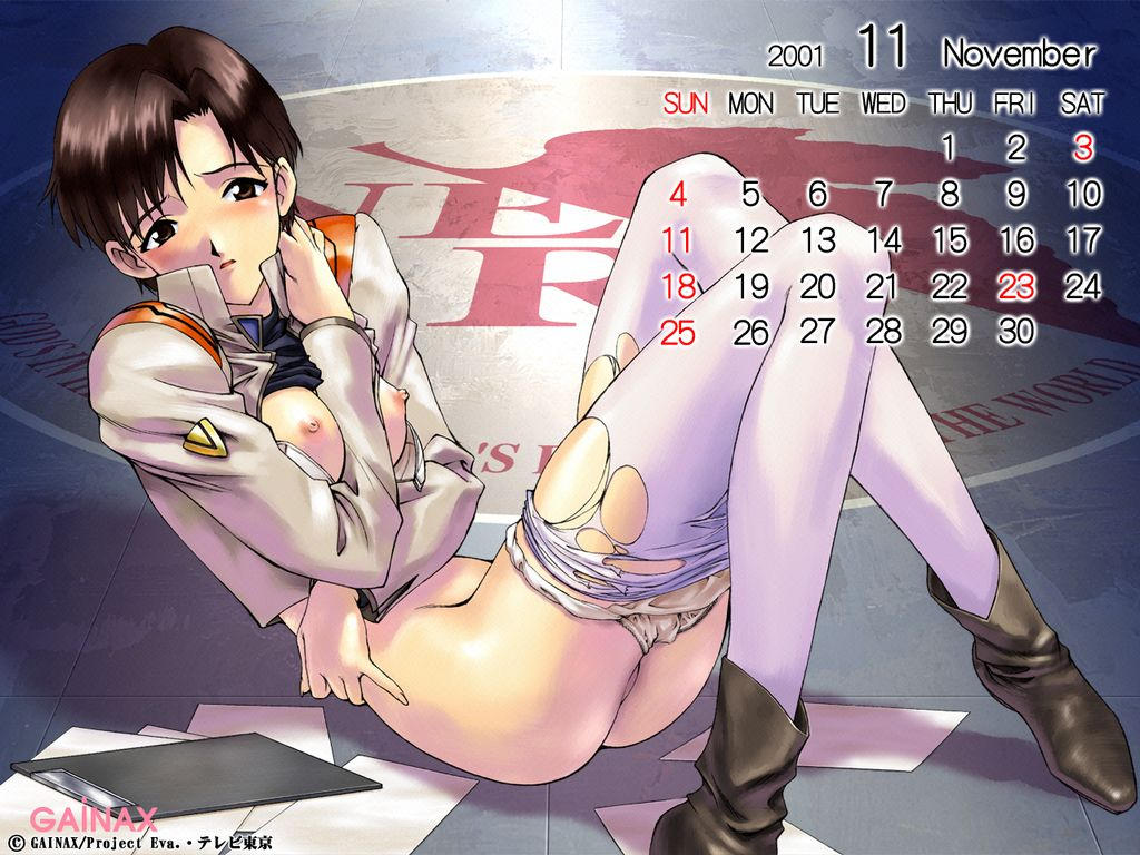 2001 arm_between_breasts ass between_breasts blush breasts brown_hair calendar_(medium) gainax ibuki_maya jacket legs neon_genesis_evangelion nipples official_art panties panties_around_one_leg shoes short_hair suzuki_shunji thighhighs topless torn_clothes torn_thighhighs underwear