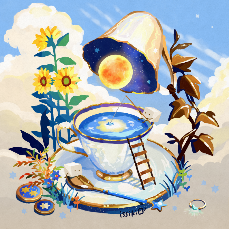 ._. artist_name blue_sky cloud commentary_request cup drink fishing fishing_rod flower food food_focus full_moon holding holding_fishing_rod issiki_toaki ladder moon no_humans original plant reflection reflective_water saucer scenery sky spoon star_(sky) star_(symbol) starry_sky sugar_cube sunflower tea teacup twitter_username yellow_flower