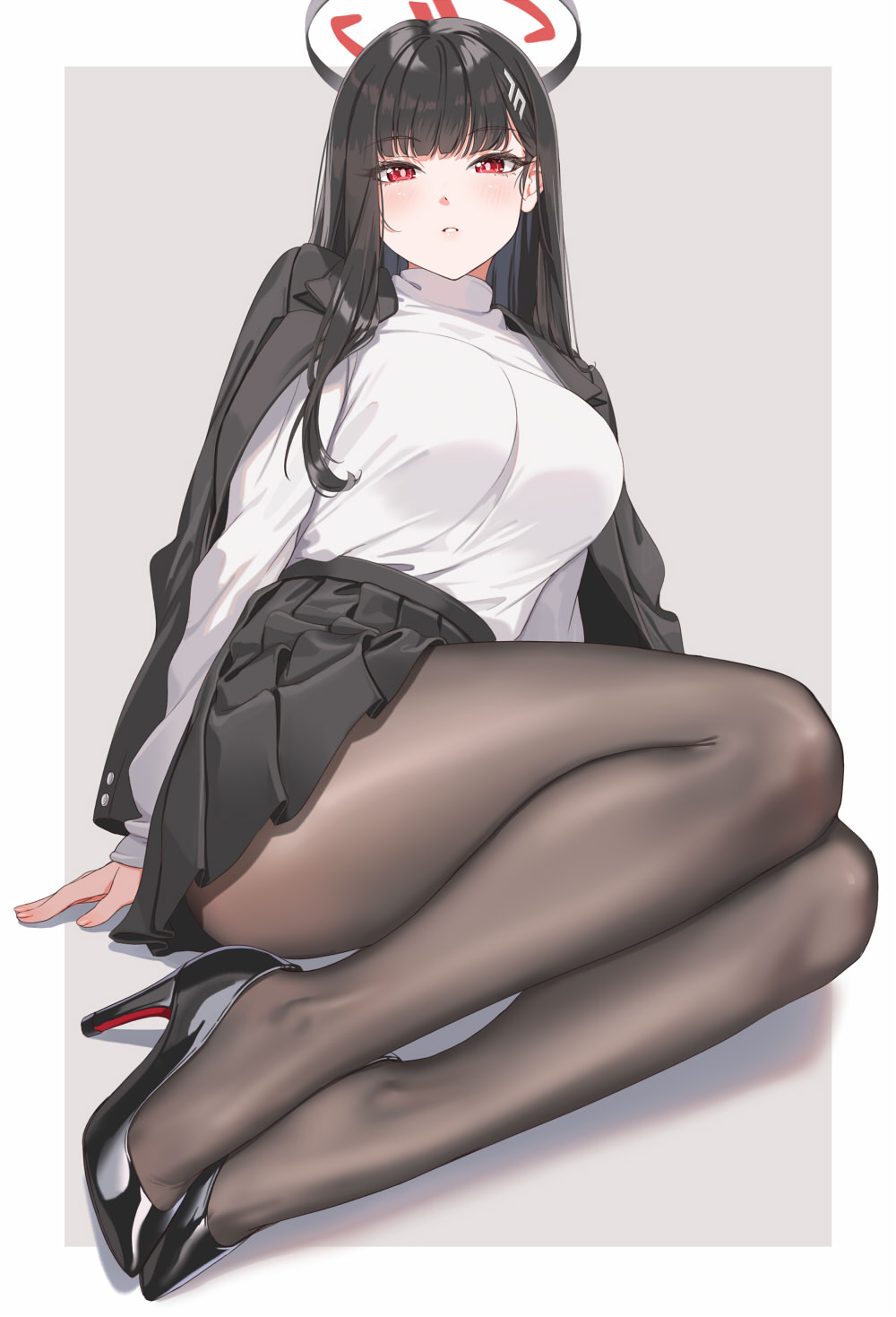 1girl arm_support black_footwear black_hair black_jacket black_skirt blue_archive blush border breasts bright_pupils commentary fangxiang_cuoluan grey_background hair_ornament hairclip halo high_heels highres jacket jacket_on_shoulders large_breasts legs long_hair long_sleeves looking_at_viewer outside_border pantyhose parted_lips pleated_skirt pumps red_eyes rio_(blue_archive) shadow sitting skirt solo sweater sweater_tucked_in teeth turtleneck turtleneck_sweater white_border white_pupils white_sweater yokozuwari
