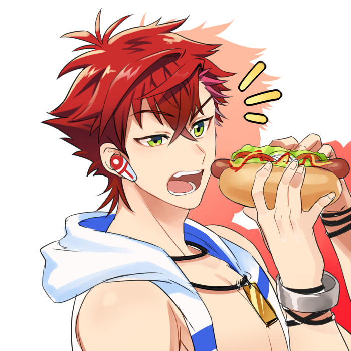 1boy blackkdogg fang green_eyes helios_rising_heroes hot_dog male_focus open_mouth otori_akira red_hair short_hair simple_background white_background