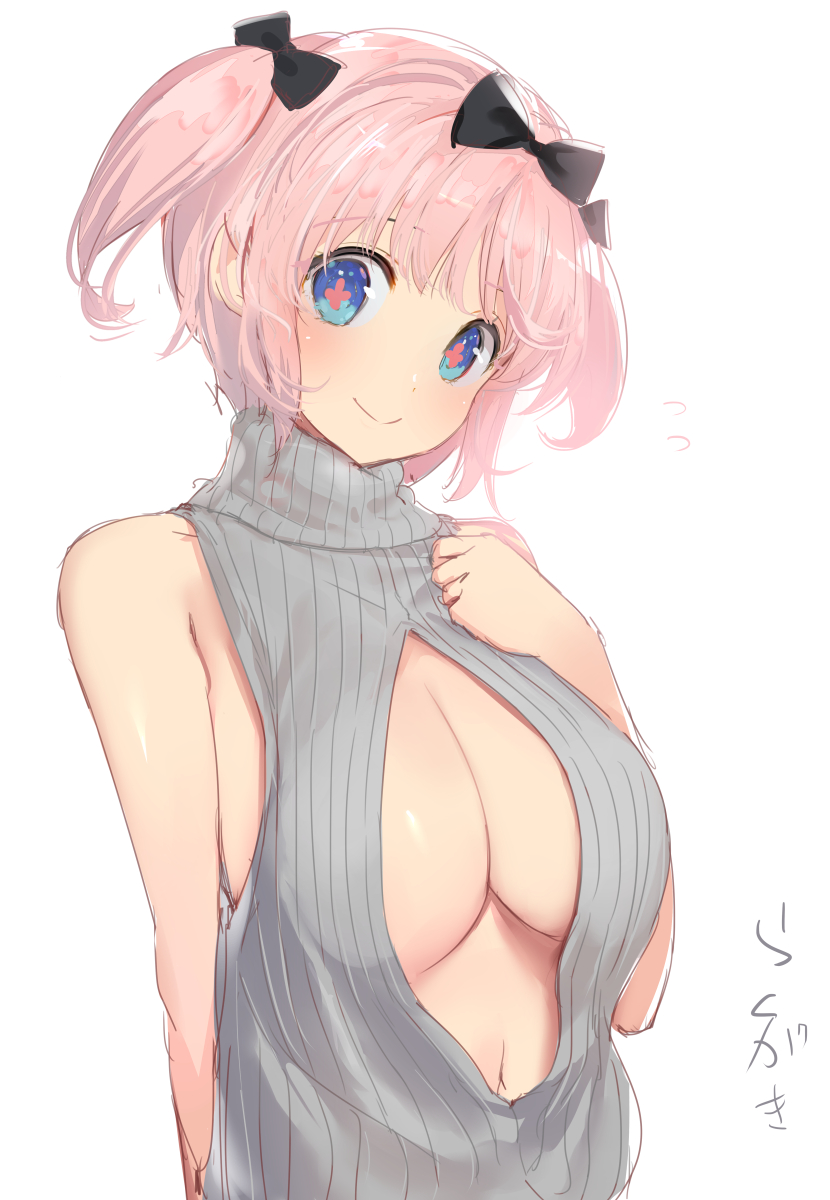 +_+ 1girl alternate_costume blue_eyes blush bow breast_suppress breasts cleavage_cutout clothing_cutout flower_shop hair_bow hibari_(senran_kagura) highres kagan large_breasts looking_at_viewer meme meme_attire navel official_art pink_hair ribbed_sweater senran_kagura senran_kagura_shoujo-tachi_no_shin'ei shop short_hair short_twintails signature simple_background smile solo sweater symbol-shaped_pupils twintails virgin_killer_sweater yaegashi_nan