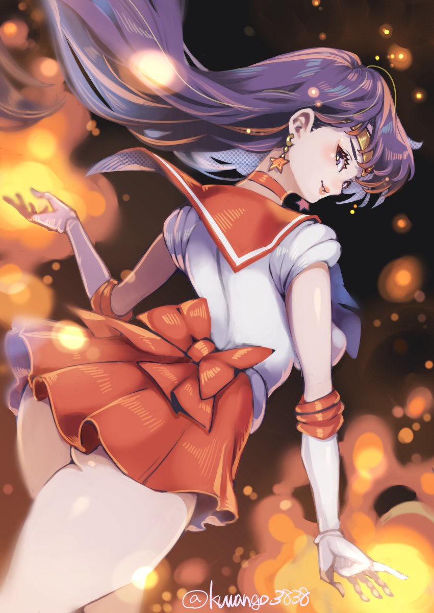 1girl ass back_bow bishoujo_senshi_sailor_moon black_eyes black_hair bow breasts choker cowboy_shot earrings elbow_gloves gloves highres hino_rei jewelry kuwango long_hair looking_at_viewer medium_breasts microskirt parted_lips pleated_skirt red_choker red_sailor_collar red_skirt sailor_collar sailor_mars sailor_senshi_uniform shirt skirt smile solo star_(symbol) star_earrings thighs tiara twitter_username white_gloves white_shirt