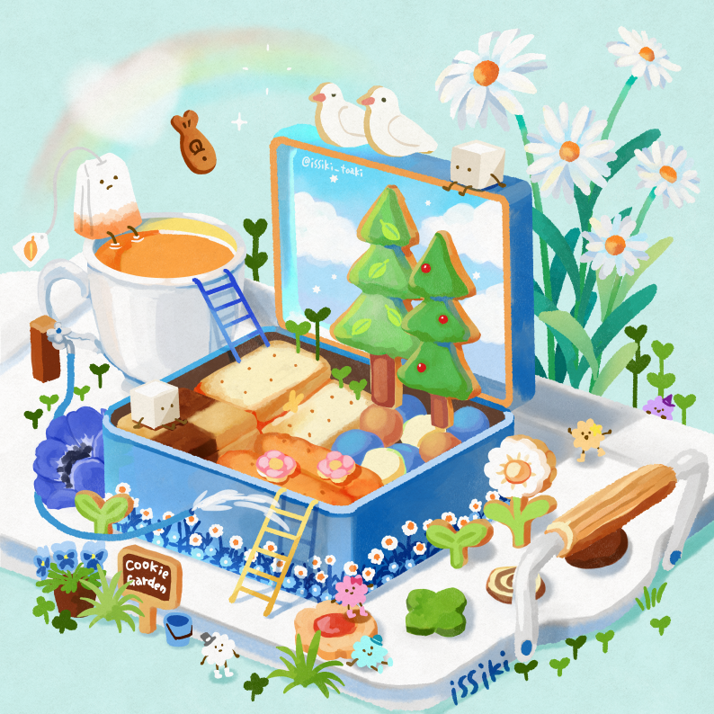 animal artist_name bird blue_flower box checkerboard_cookie cloud commentary_request cookie cup english_text flower food food_focus garden heart hose issiki_toaki ladder no_humans original plant potted_plant rainbow scenery sign sugar_cube teabag teacup tray tree twitter_username white_flower