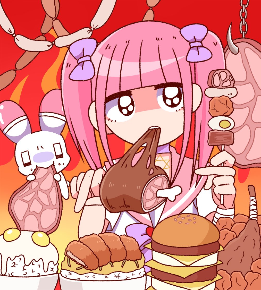 1girl animal bandaged_arm bandages bird black_eyes blunt_bangs bow bowl burger chain chicken collar eating egg_(food) ezaki_bisuko fire food fried_egg heart hexagram holding holding_food kebab looking_at_viewer meat menhera-chan_(ezaki_bisuko) menhera-chan_(ezaki_bisuko)_(character) pink_hair pink_sailor_collar purple_bow purple_collar rabbit red_background rice rice_bowl sailor_collar sausage school_uniform serafuku short_twintails sidelocks solo star_of_david twintails usatan_(ezaki_bisuko) white_serafuku