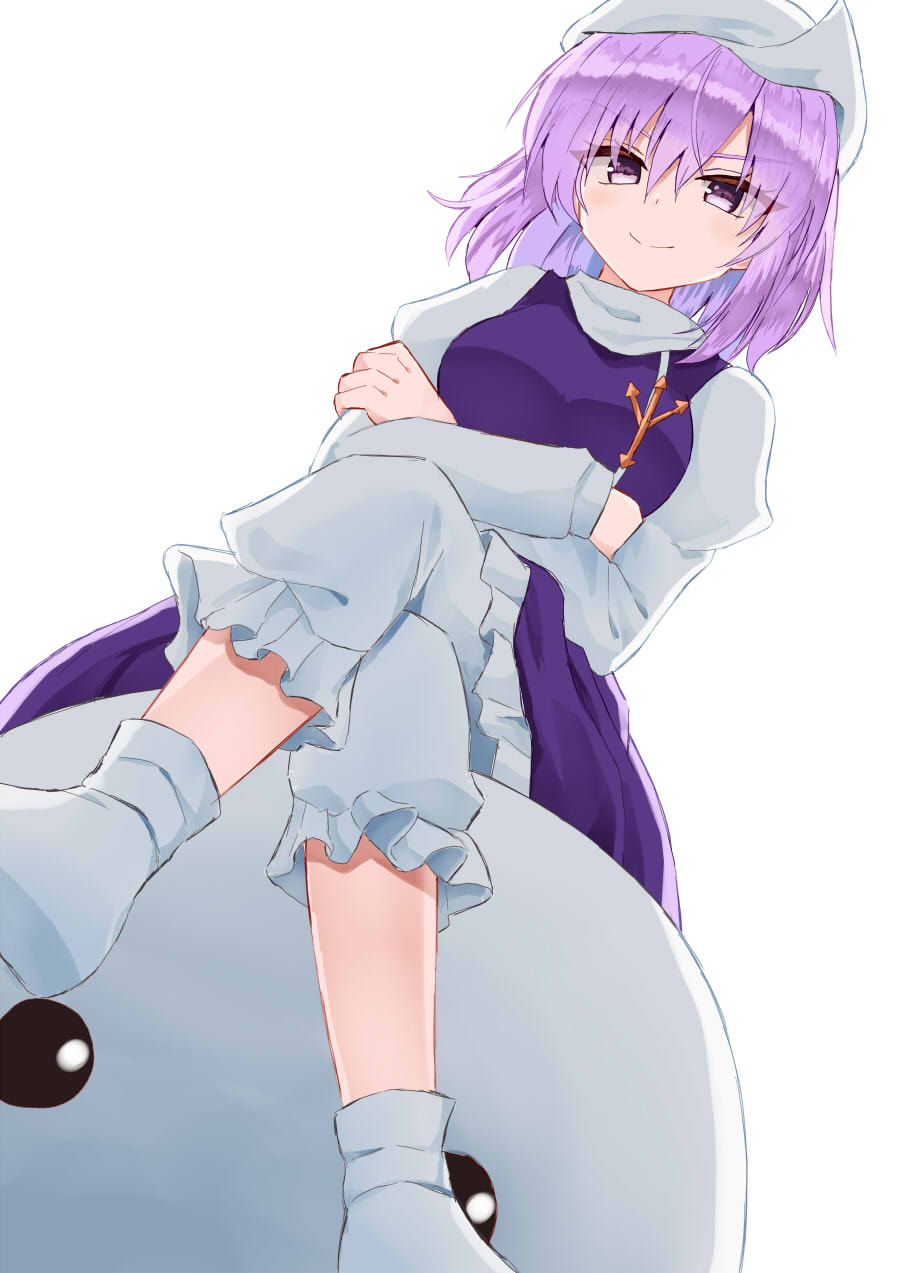 1girl bloomers blue_skirt breasts closed_mouth crossed_arms crossed_legs feet_out_of_frame frilled_skirt frills from_below highres lapel_pin letty_whiterock long_sleeves medium_breasts no_shoes purple_eyes purple_hair shirt simple_background sitting skirt smile snowman socks solo sugiyama_ichirou touhou turtleneck v-shaped_eyebrows vest white_background white_bloomers white_headwear white_shirt white_socks white_vest