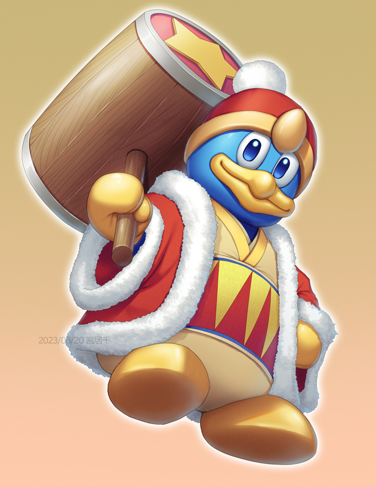 beanie fur-trimmed_robe fur_trim gloves gradient_background hammer hat king_dedede kirby_(series) looking_at_viewer miyai_sen no_humans pom_pom_(clothes) pom_pom_beanie red_headwear red_robe robe star_(symbol) yellow_background yellow_gloves