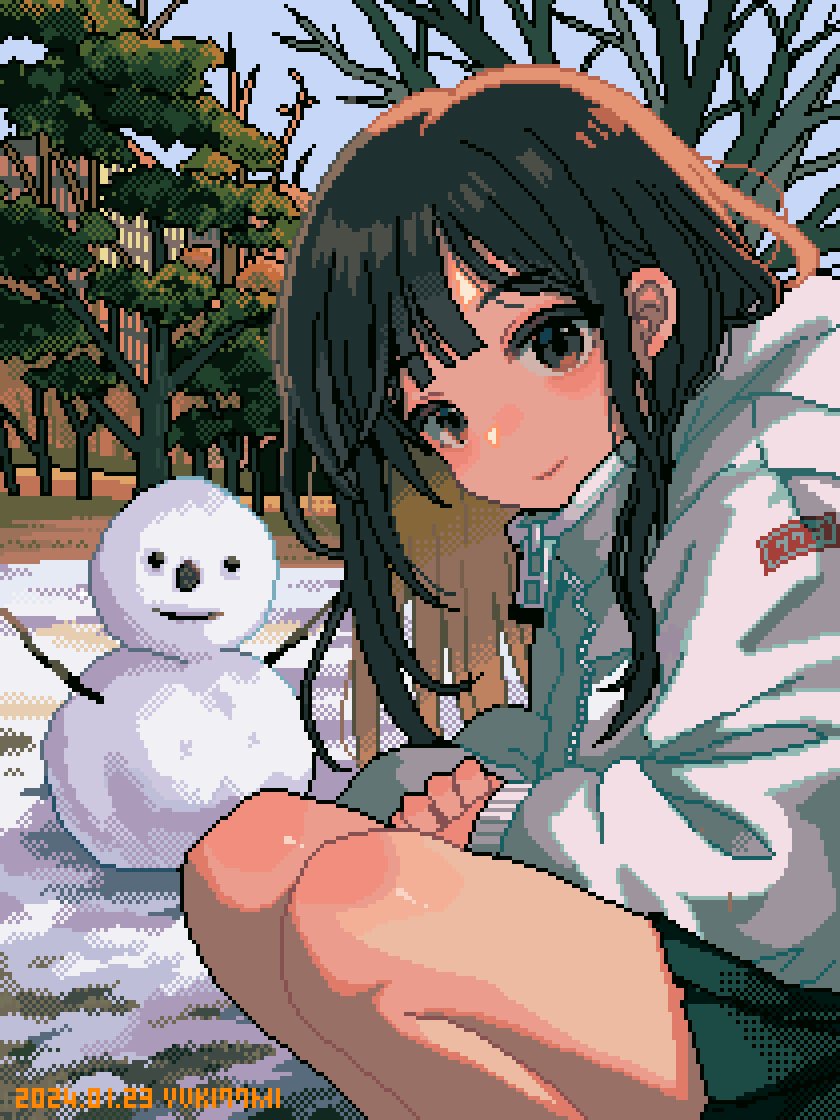 1girl black_skirt brown_eyes brown_hair closed_mouth coat day long_hair long_sleeves looking_at_viewer nanami_yuki_(yuki77mi) original outdoors pixel_art pleated_skirt skirt smile snow snowman solo tree white_coat zipper zipper_pull_tab