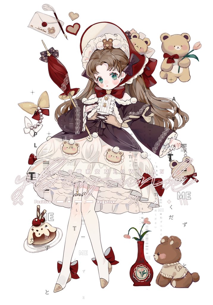 1girl bag bonnet bow brown_hair dessert dress food frills full_body green_eyes handbag lolita_fashion meowlian original stuffed_animal stuffed_toy teddy_bear umbrella white_background