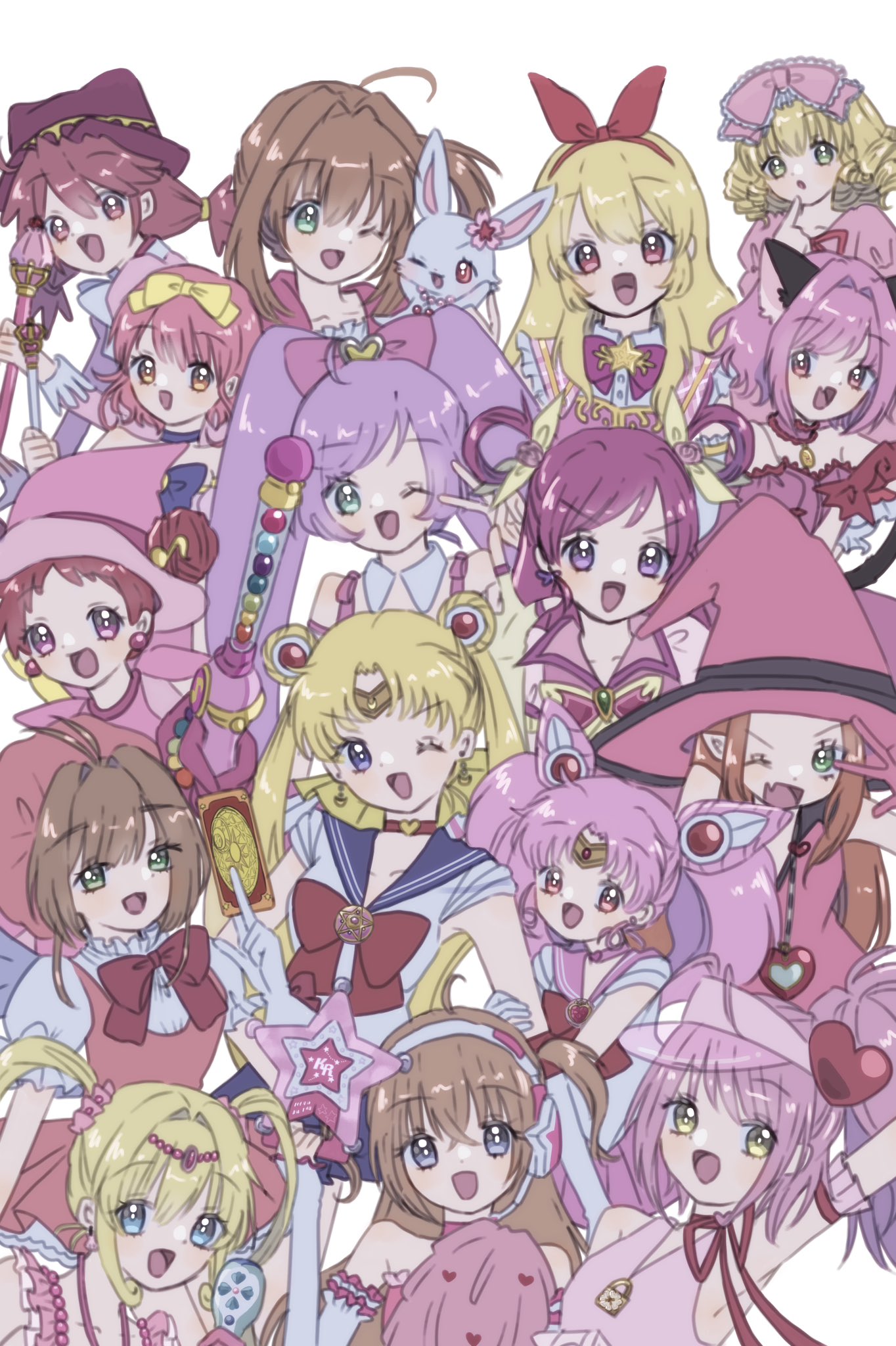 6+girls atat_karubi bishoujo_senshi_sailor_moon cardcaptor_sakura character_request chibi_usa color_connection commentary copyright_request crossover english_commentary genre_connection highres kinomoto_sakura magical_girl multiple_crossover multiple_girls sailor_chibi_moon sailor_moon sailor_senshi sailor_senshi_uniform tsukino_usagi