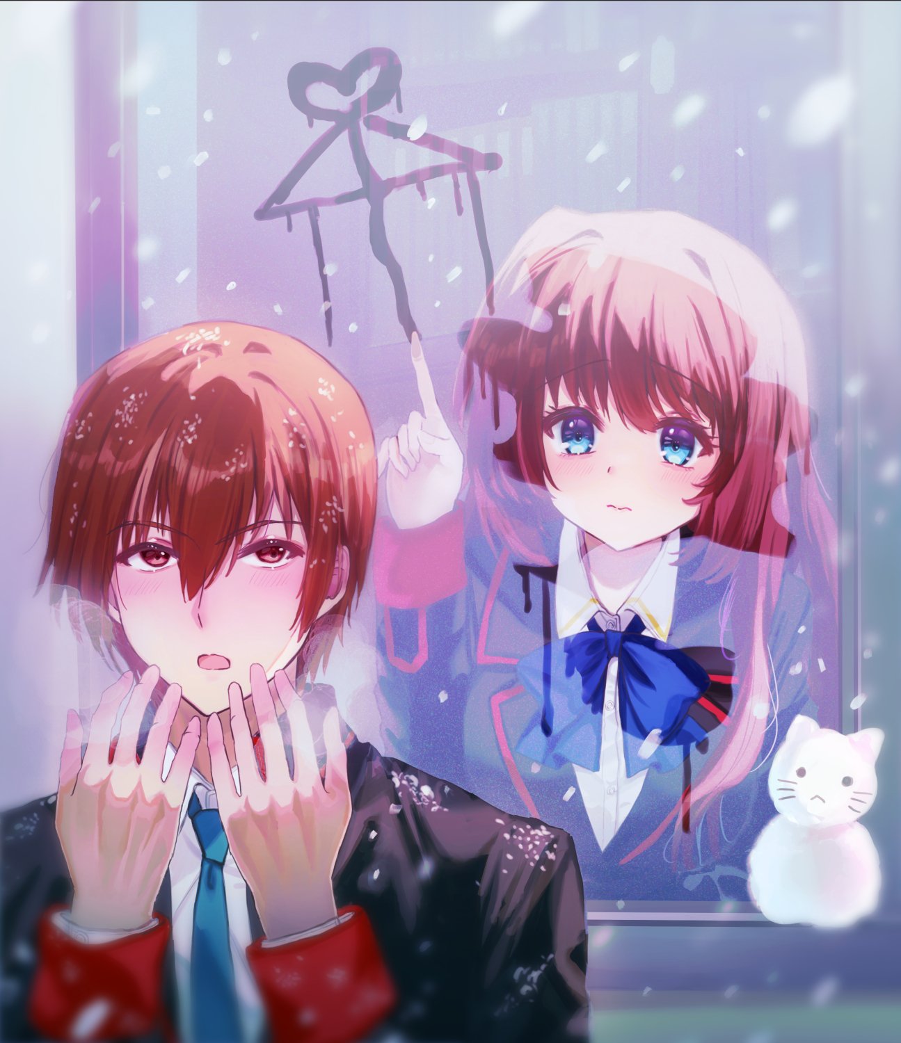 1boy 1girl 3: a-chan_senpai ai_ai_gasa animal_print black_jacket blazer blue_bow blue_eyes blue_necktie blush bow breath brown_hair cat_print closed_mouth collared_shirt commentary_request eyelashes hair_between_eyes hair_intakes hand_up hands_up heart hetero highres index_finger_raised indoors jacket little_busters! little_busters!_school_uniform long_hair long_sleeves looking_at_another looking_up miiizuno_lbs mini_snowman natsume_kyousuke necktie open_mouth outdoors school_uniform shirt short_hair sidelocks snow snowing snowman upper_body upturned_eyes very_long_hair white_shirt window winter