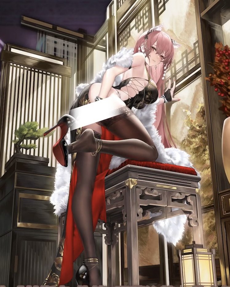 1girl alternate_costume bangle black_dress black_footwear black_thighhighs bonsai bracelet breasts china_dress chinese_clothes commentary_request dress earrings feather_boa girls'_frontline high_heels indoors jewelry lace-trimmed_thighhighs large_breasts leaning_forward light_censor long_hair looking_at_viewer looking_down meimushi persica_(girls'_frontline) pink_eyes pink_hair shoes solo standing standing_on_one_leg thighhighs