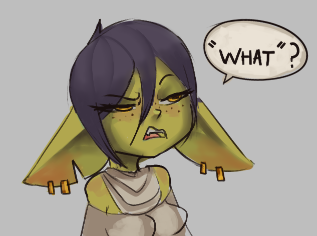 breasts clothed clothing dddoodles dialogue ear_piercing female freckles goblin grey_background grey_clothing grey_hair hair horizontal_pupils humanoid humanoid_pointy_ears notched_ear open_mouth piercing pupils short_hair simple_background solo speech_bubble text yellow_eyes