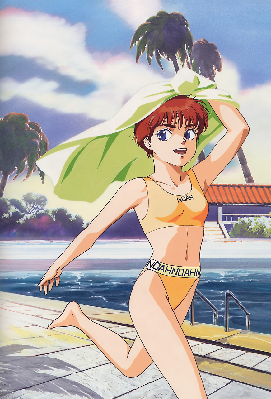 1980s_(style) arm_up barefoot bikini blue_eyes breasts bush clothes_writing cloud cloudy_sky day happy highres izumi_noa kidou_keisatsu_patlabor navel non-web_source official_art open_mouth orange_hair outdoors palm_tree pavement pool pool_ladder poolside retro_artstyle running shadow short_hair sky small_breasts smile swimsuit thick_eyebrows tiles towel towel_on_head tree yellow_bikini