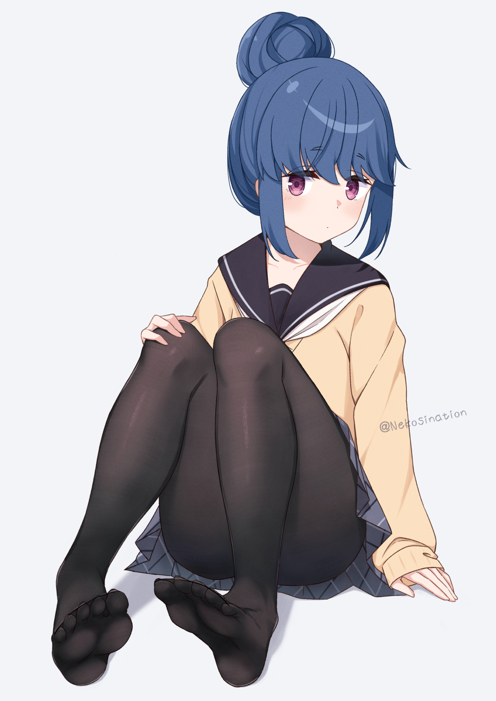 1girl arm_support black_pantyhose black_sailor_collar blue_hair closed_mouth commentary_request dot_nose feet foot_focus foreshortening hair_between_eyes hair_bun hand_on_own_knee highres knees_up legs light_blush long_sleeves looking_at_viewer motosu_school_uniform neckerchief nekosination no_shoes pantyhose purple_eyes sailor_collar school_uniform shima_rin sidelocks simple_background single_hair_bun sitting soles solo sweater toes twitter_username white_background white_neckerchief yellow_sweater yurucamp