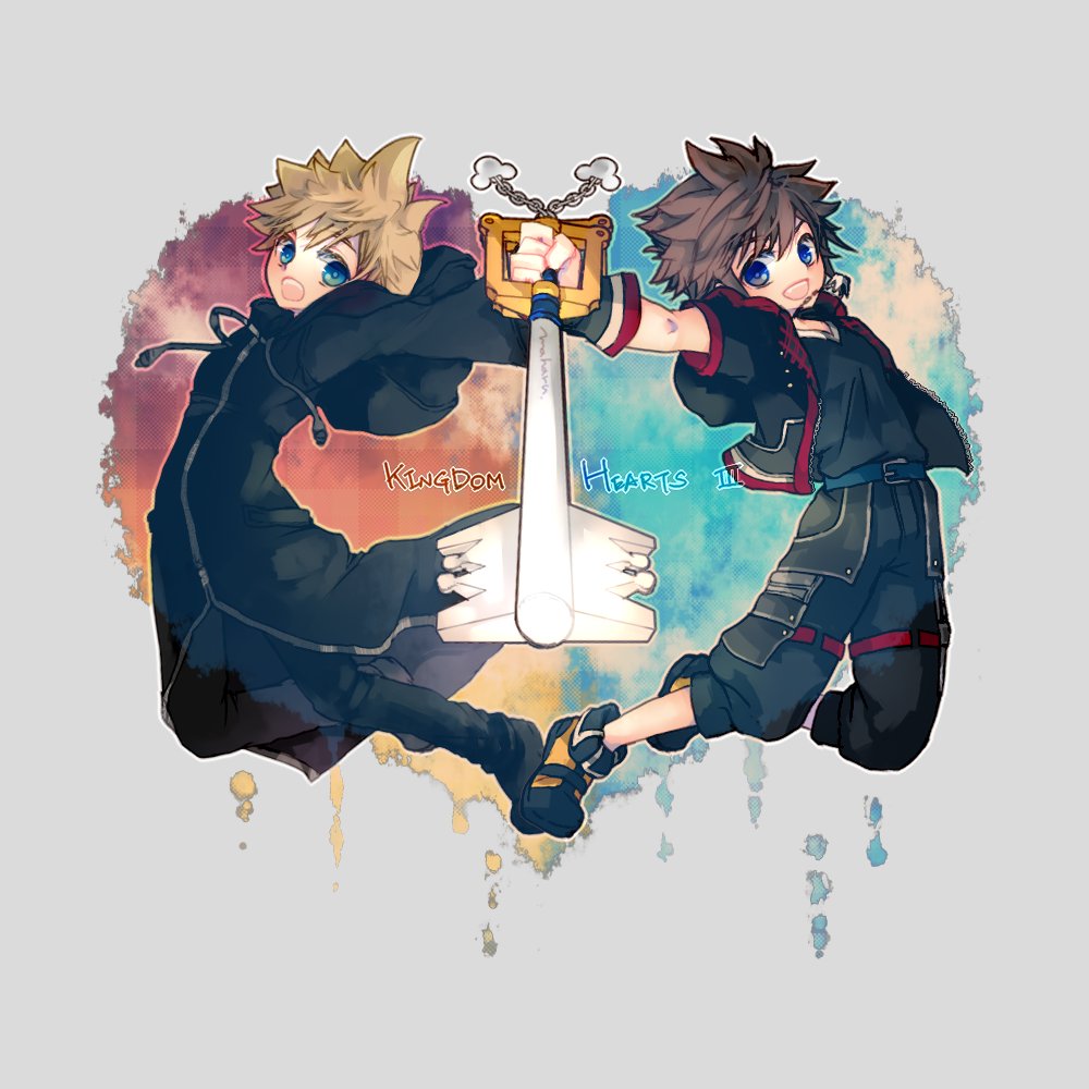 2boys black_jacket black_pants black_robe black_shirt blonde_hair blue_eyes boots brown_hair chain_necklace full_body hair_between_eyes holding holding_weapon hood hood_down hooded_robe jacket jewelry keyblade kh_524 kingdom_hearts kingdom_hearts_iii long_sleeves male_focus multiple_boys necklace open_mouth pants pants_rolled_up robe roxas shirt short_hair short_sleeves smile sora_(kingdom_hearts) spiked_hair weapon