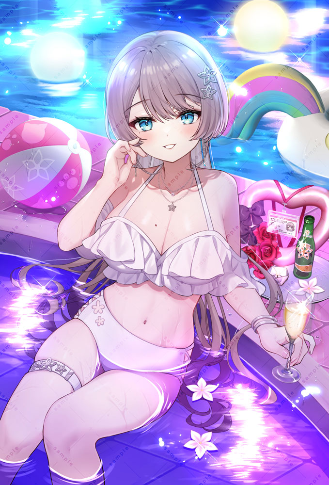 1girl ball beachball bikini blue_eyes blush breasts champagne_bottle champagne_flute cleavage commentary_request cup drinking_glass flower frilled_bikini frills grey_hair hair_ornament holding holding_cup indie_virtual_youtuber jewelry large_breasts long_hair looking_at_viewer mitsuki_momo necklace night okanoyuno outdoors pool smile solo star_(symbol) star_hair_ornament swimsuit thigh_strap virtual_youtuber water white_bikini white_flower