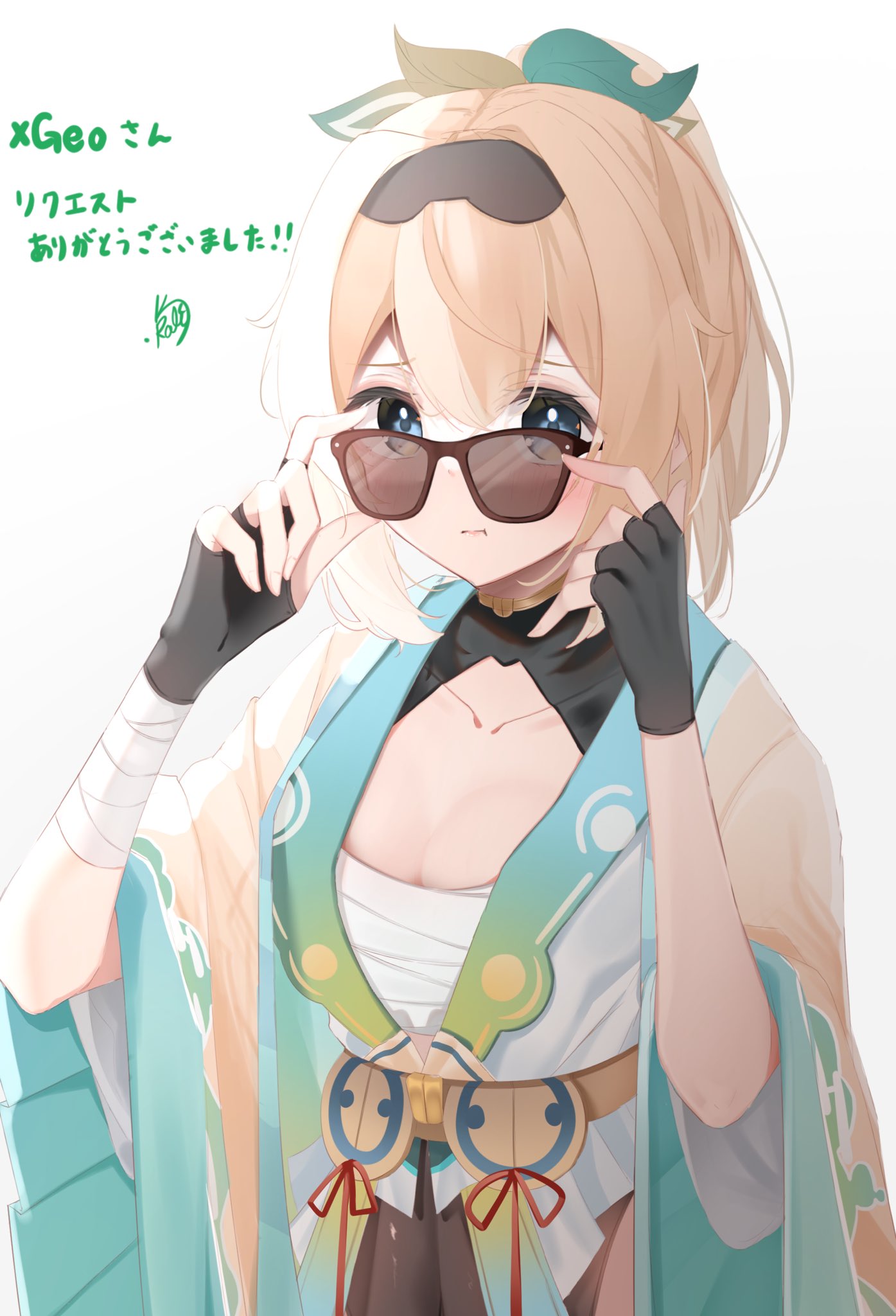 1girl :t adjusting_eyewear bandaged_arm bandages black_gloves blonde_hair blue_eyes blush breasts brown-framed_eyewear brown-tinted_eyewear chest_sarashi cleavage closed_mouth collarbone commentary_request commission fingerless_gloves gloves hair_between_eyes highres hololive japanese_clothes kamimori_kuuraku kazama_iroha long_hair looking_at_viewer ponytail pout sarashi second-party_source short_sleeves simple_background skeb_commission smile solo standing sunglasses tinted_eyewear translation_request virtual_youtuber white_background wide_sleeves